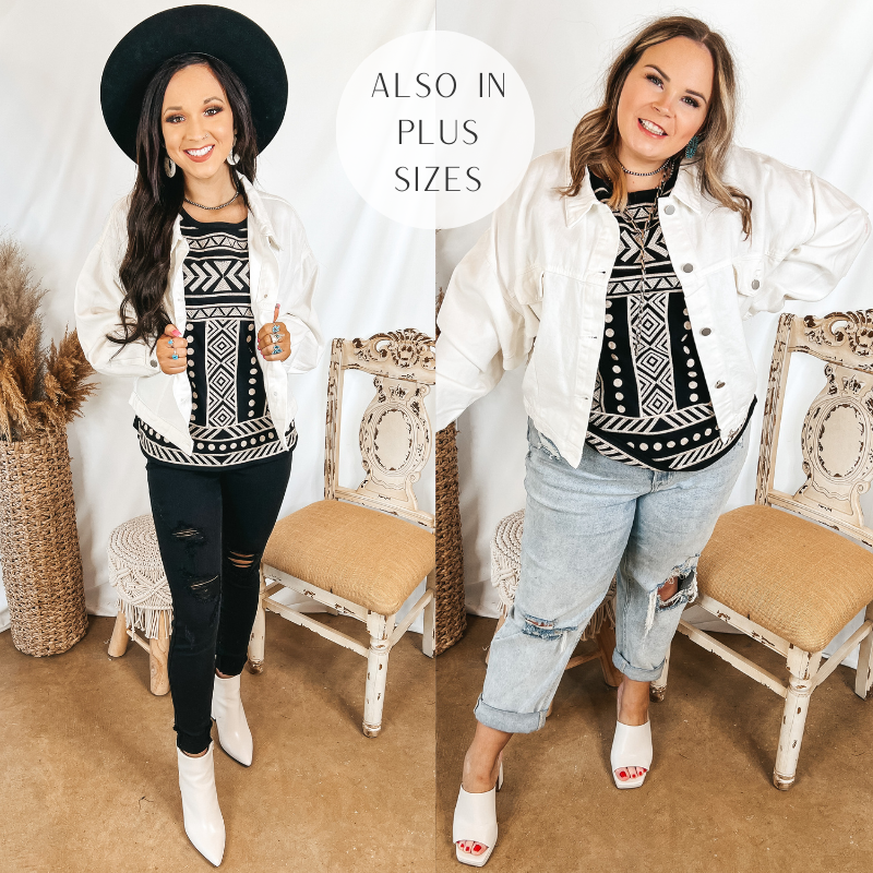 Models are wearing a white oversized denim jacket. Both models have it on over a black and white embroidered top. Size small model has it paired with black distressed jeans, white booties, and a black hat. Size large model has it paired with light wash boyfriend jeans, white heels, and silver jewelry.