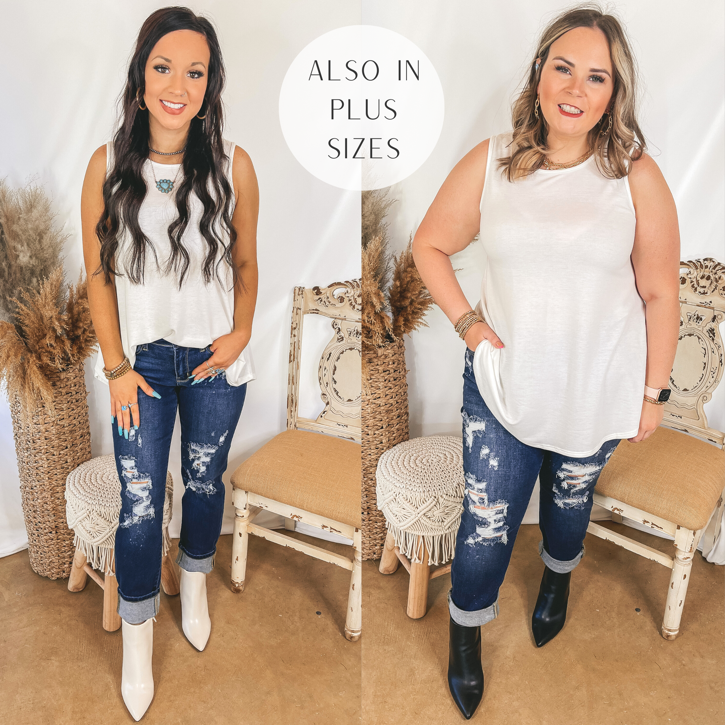 Models are wearing an ivory a line tank top. Both models have it paired with dark wash boyfriend jeans. Size small model has it paired with white booties. Size large model has it paired with black booties and gold jewelry.