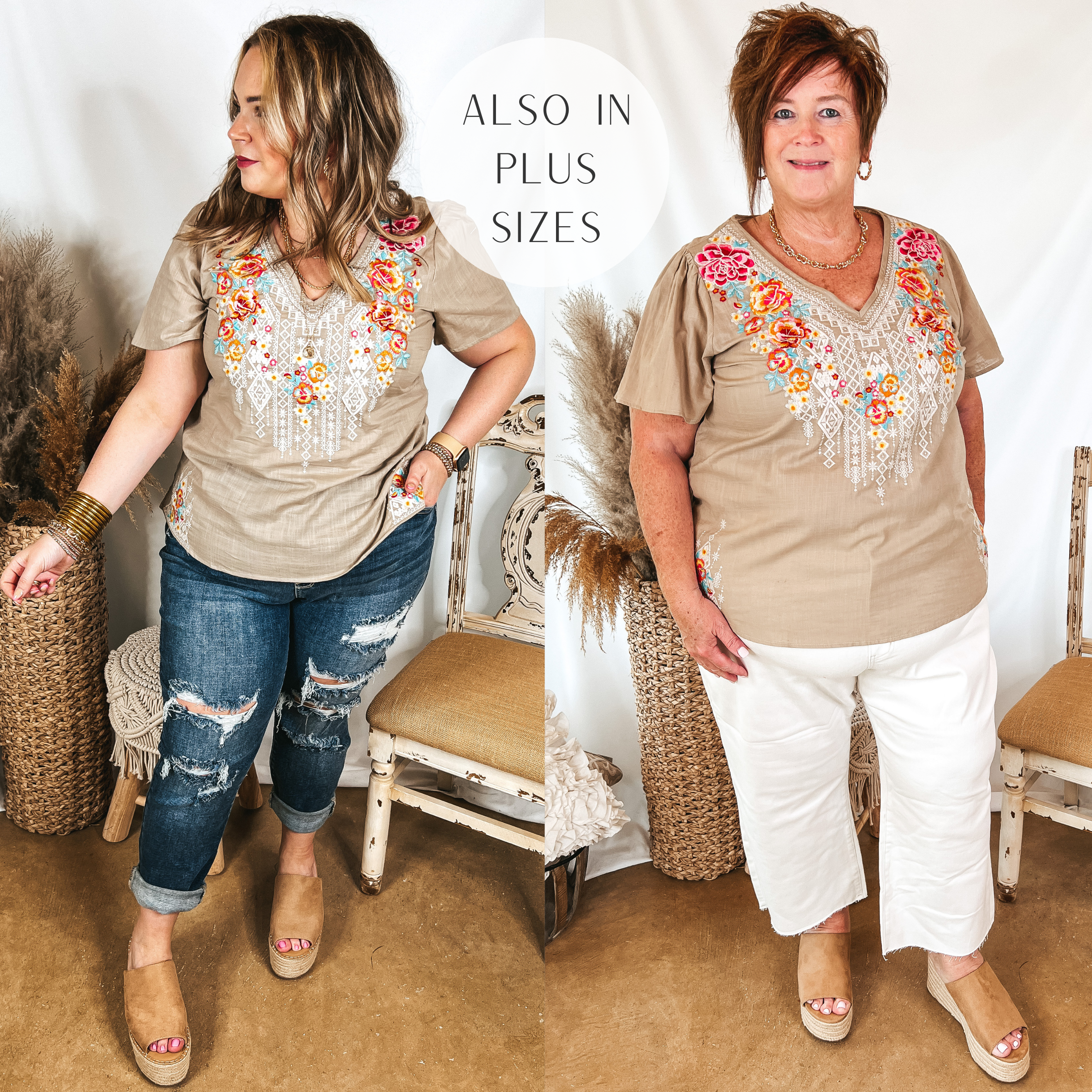 Models are wearing a beige short sleeve top with colorful embroidery. Size large model has it paired with distressed boyfriend jeans, tan wedges and gold jewelry. Plus size model has it paired with white cropped jeans, tan wedges, and gold jewelry.
