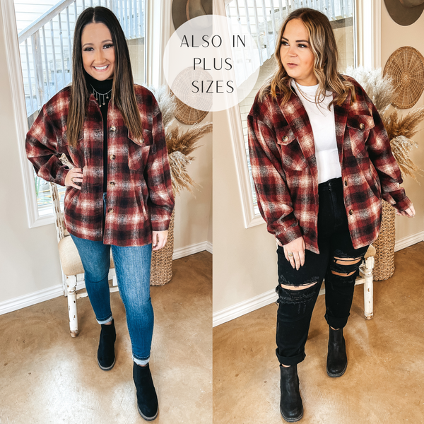 Models are wearing a brown plaid shacket open over a tank top. Size small model has it paired with a black tank top, skinny blue jeans, and black booties. Size large model has it paired with a white tank top, black distressed jeans, black booties, and gold jewelry.