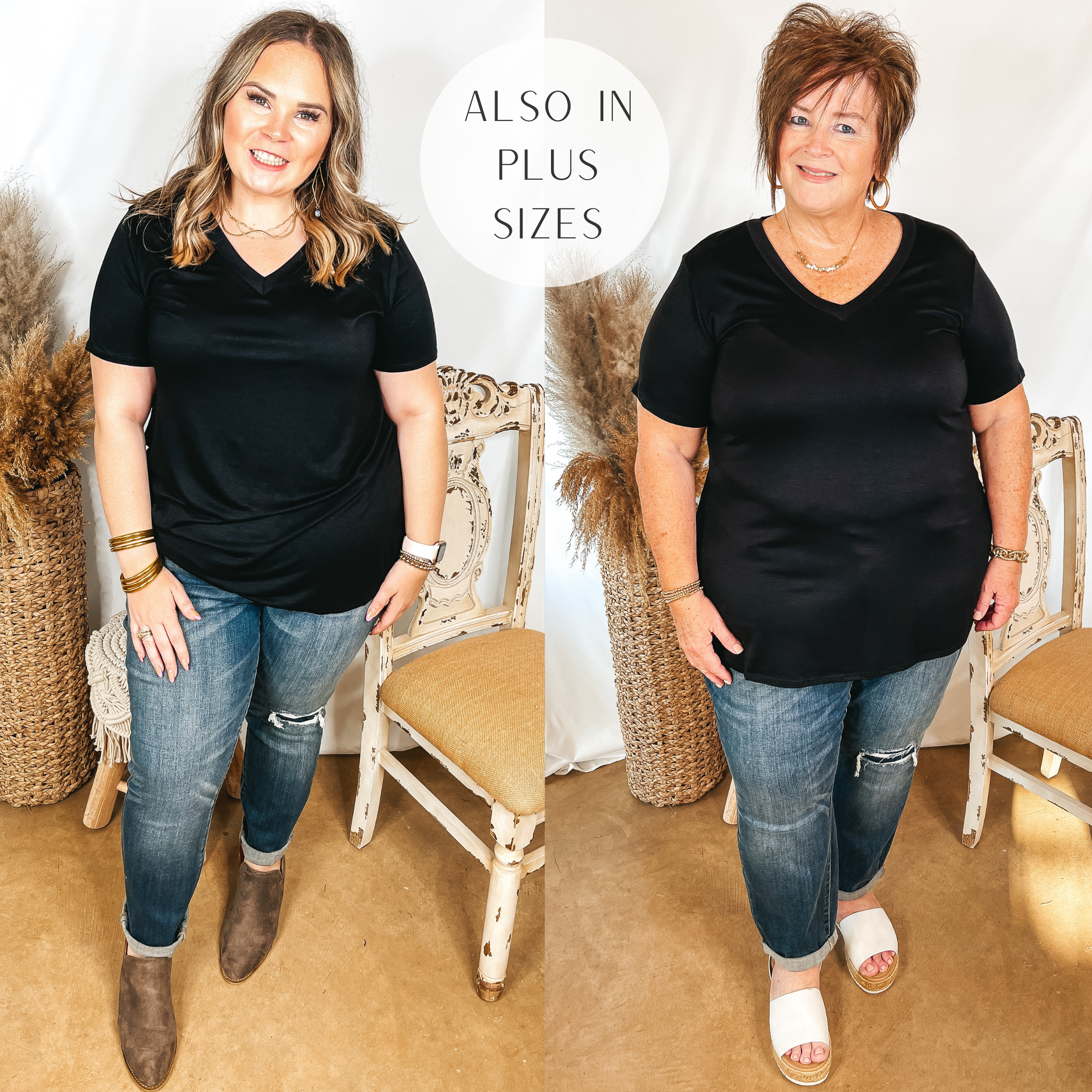 Models are wearing a black v neck top. Both models have this top paired with medium wash patch boyfriend jeans. Size large model has it paired with brown booties and gold jewelry. Plus size model has it paired with white sandals and gold jewelry.