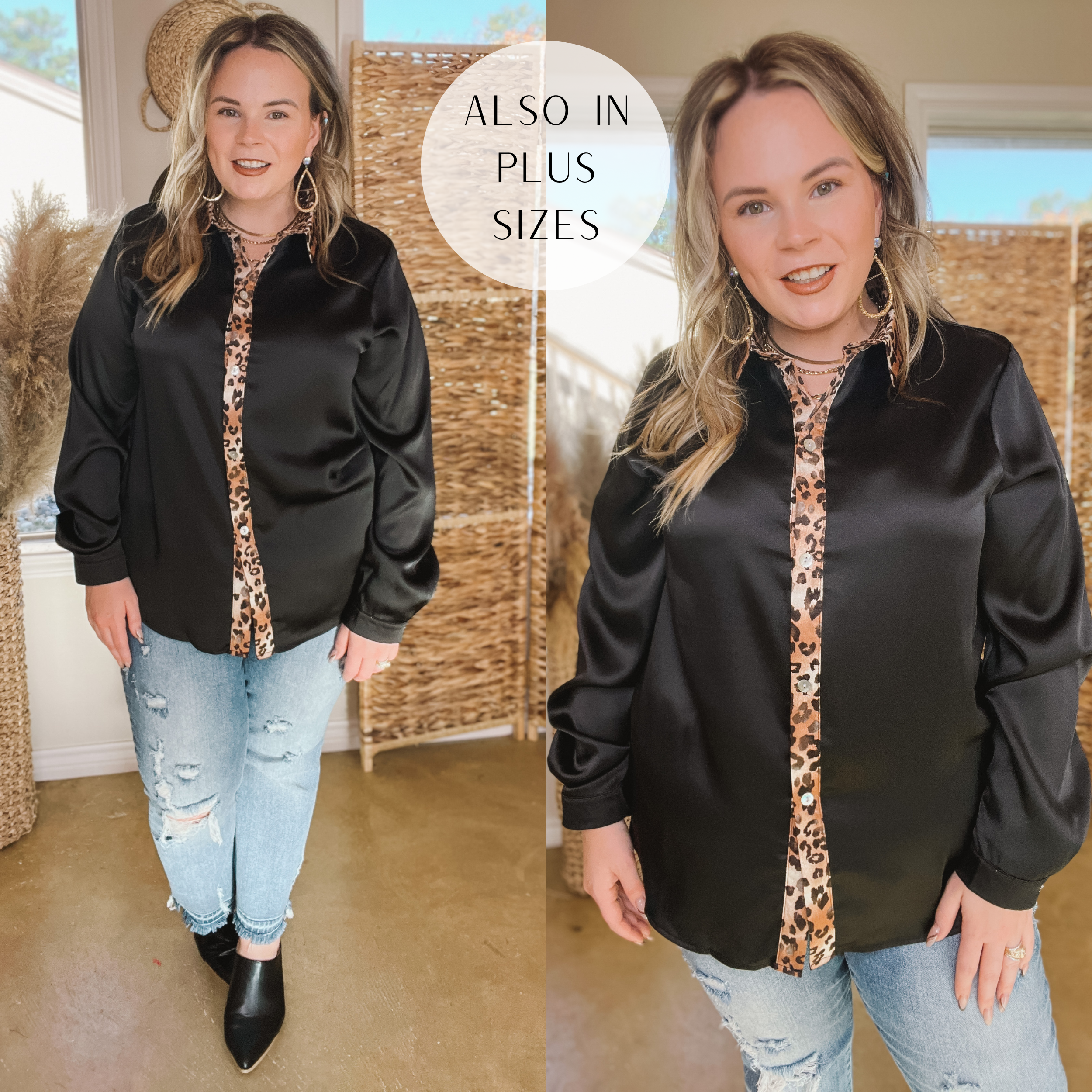 Model is wearing a black, long sleeve, satin, button down shirt with leopard down the buttons and collar. Model has paired this top with distressed straight leg jeans, black mules, and gold jewelry. Background is hues of white and brown. 