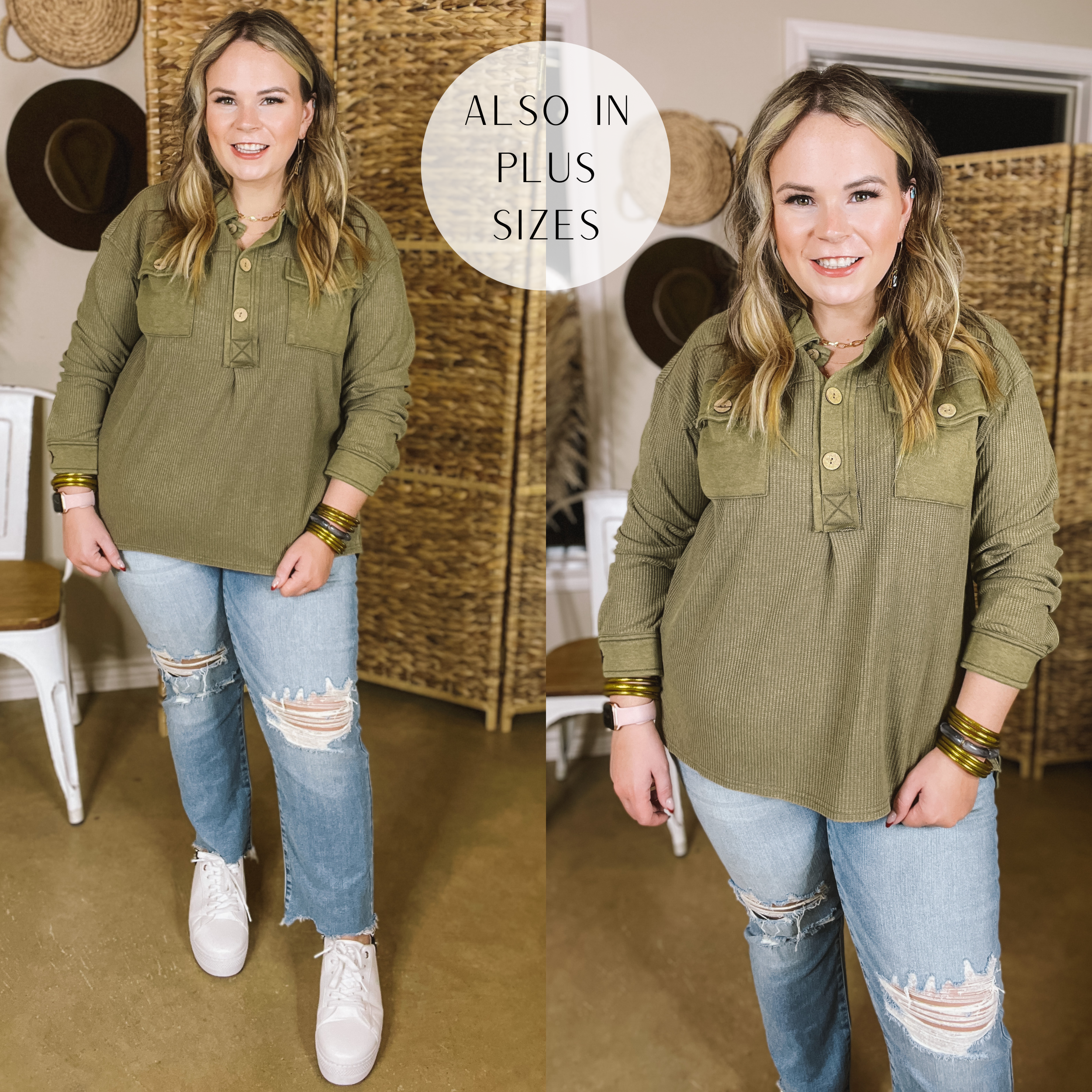 Model is wearing a long sleeve, waffle knit, top in olive green. Model has this top paired with straight leg jeans, white sneakers, and gold jewelry. 