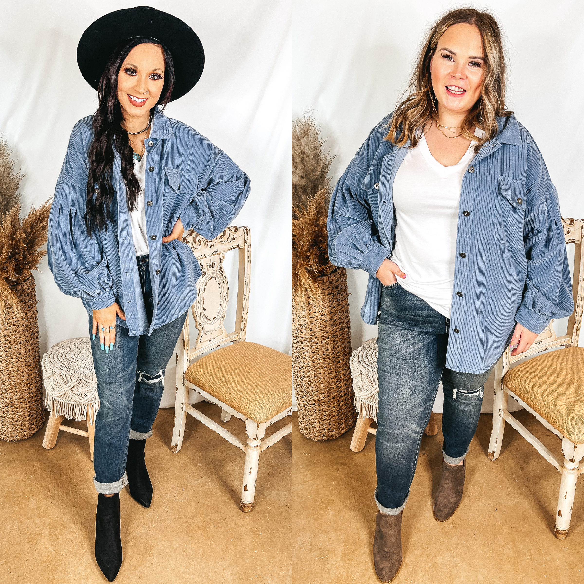 Models are wearing a dusty blue shacket that is a corduroy material. Both models have it paired with dark wash jeans. Size small model has it paired with black booties and a black hat. Size large model has it paired with brown booties and gold jewelry.