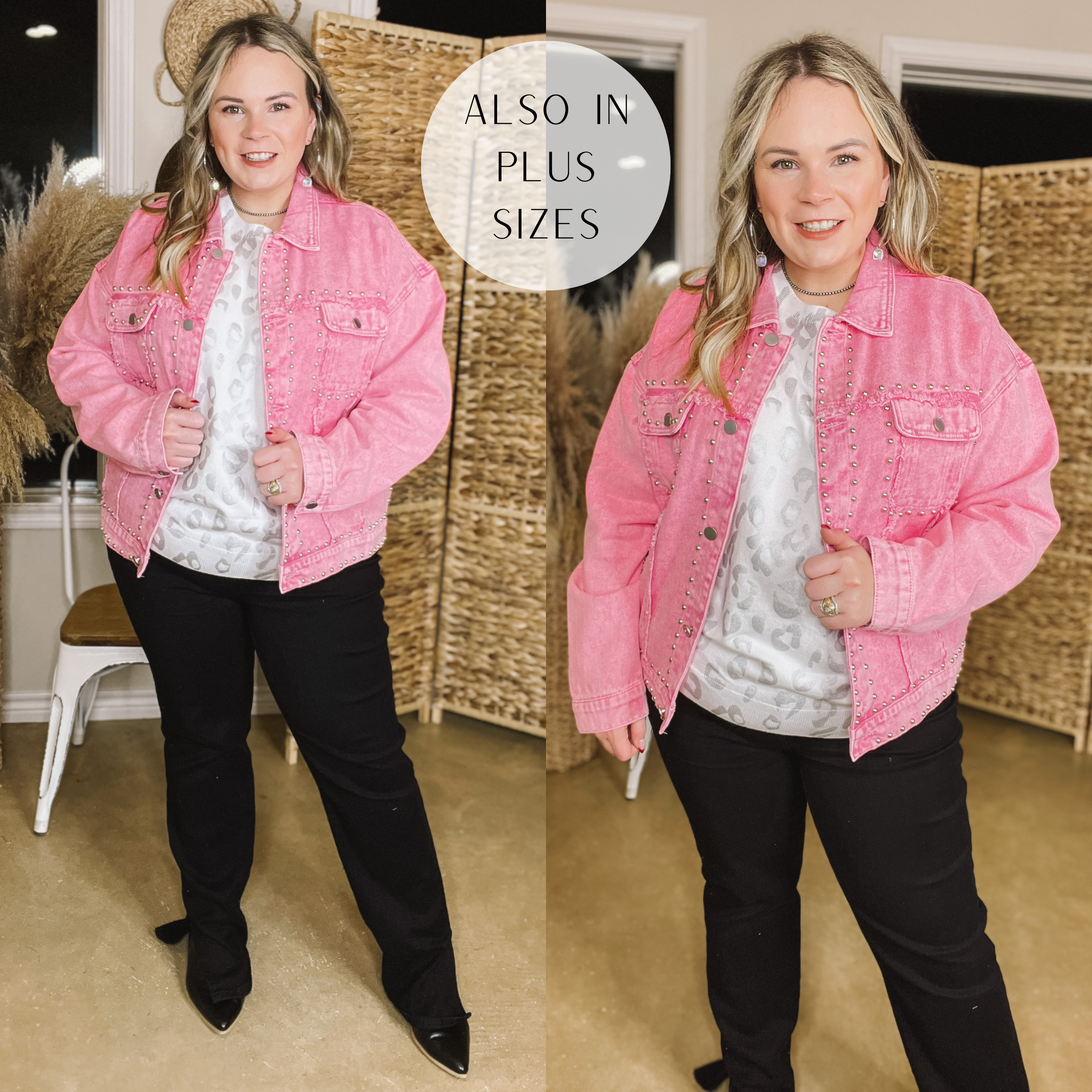 Always Impressed Cropped Denim Jacket with Silver Studs in Pink - Giddy Up Glamour Boutique