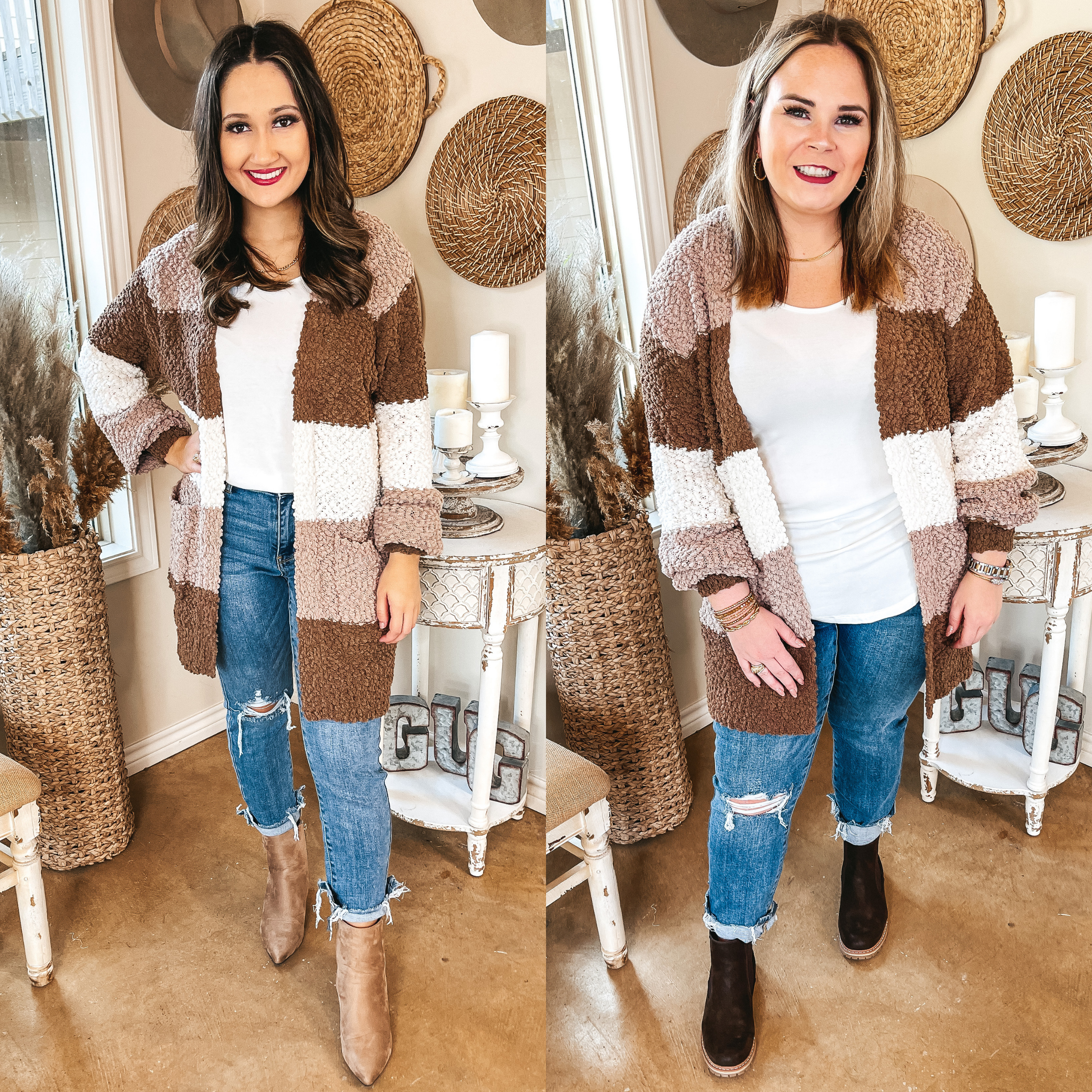 Models are wearing a popcorn knit cardigan that is striped with ivory, brown, and taupe. Both models have it paired with distressed relaxed fit jeans and gold jewelry. Model on the left has it paired with taupe booties. Model on the right has it paired with chocolate brown booties.