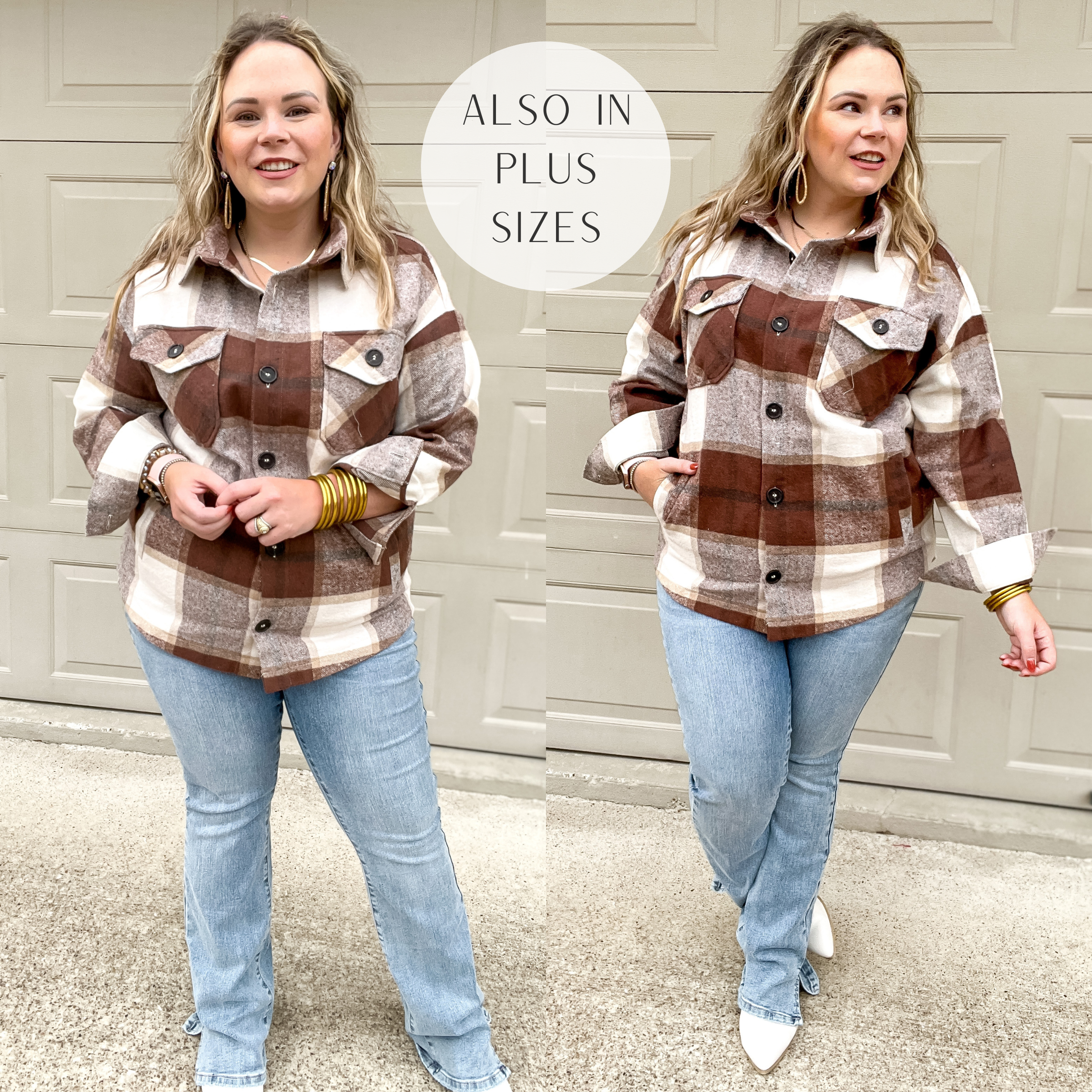 Model is wearing a brown button up shacket that is plaid print. Model has it paired with light wash boyfriend jeans, white booties, and gold jewelry.