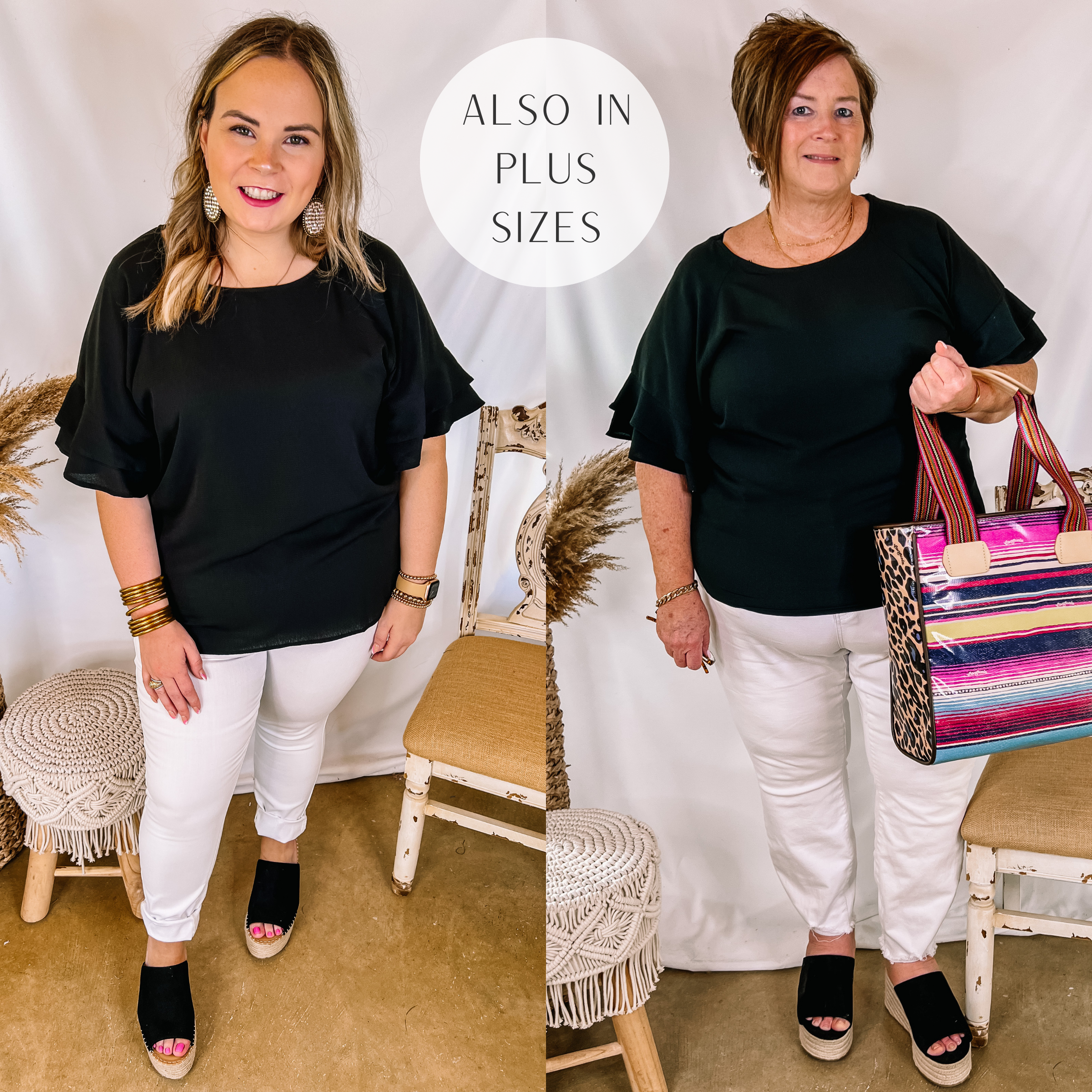 Models are wearing a plus size top that is black with ruffle sleeves. Both Models has it paired with white skinnies, black heels, and gold jewelry.