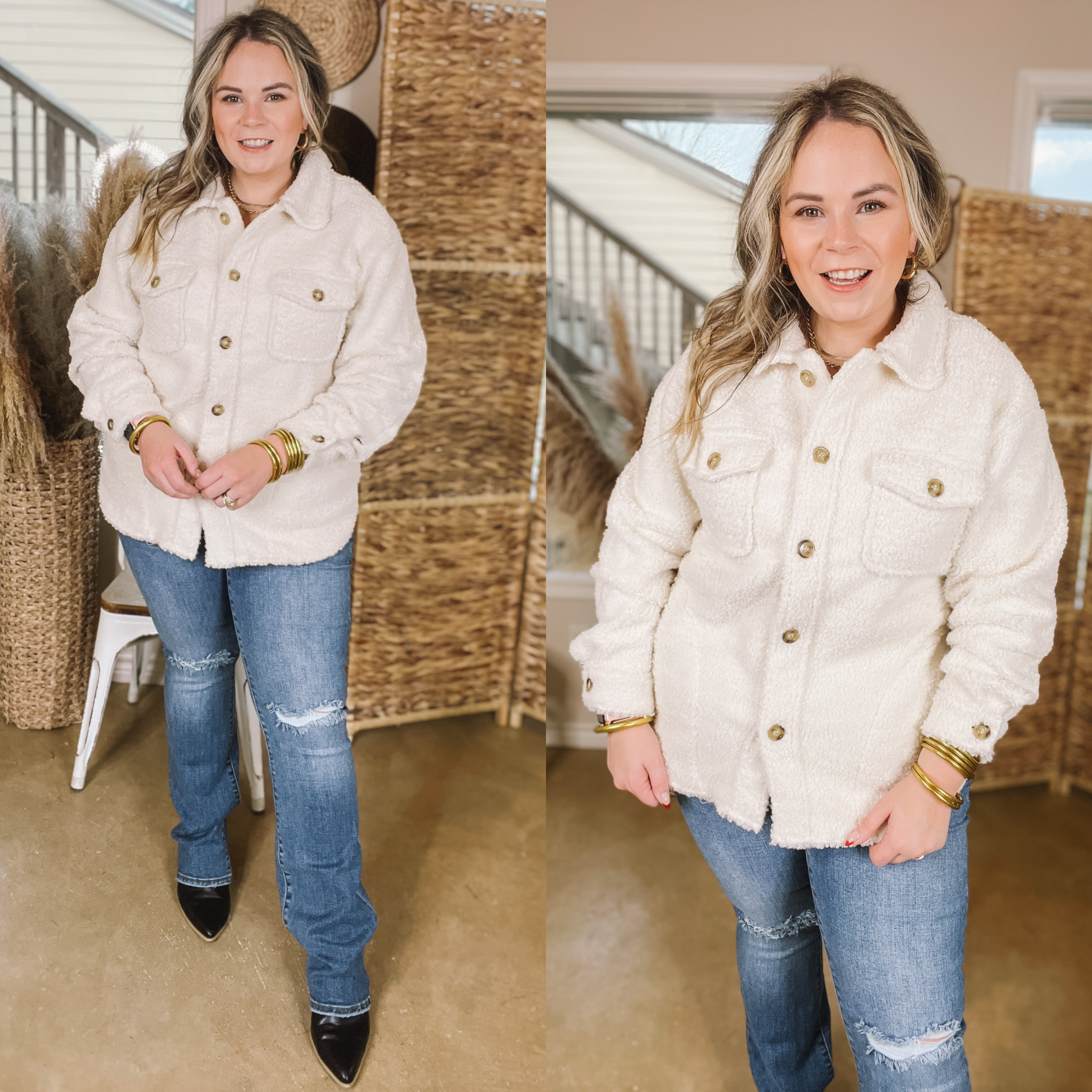 Model is wearing a button down sherpa jacket in Ivory. Model has this jacket paired with bootcut jeans, black booties, and gold jewelry.