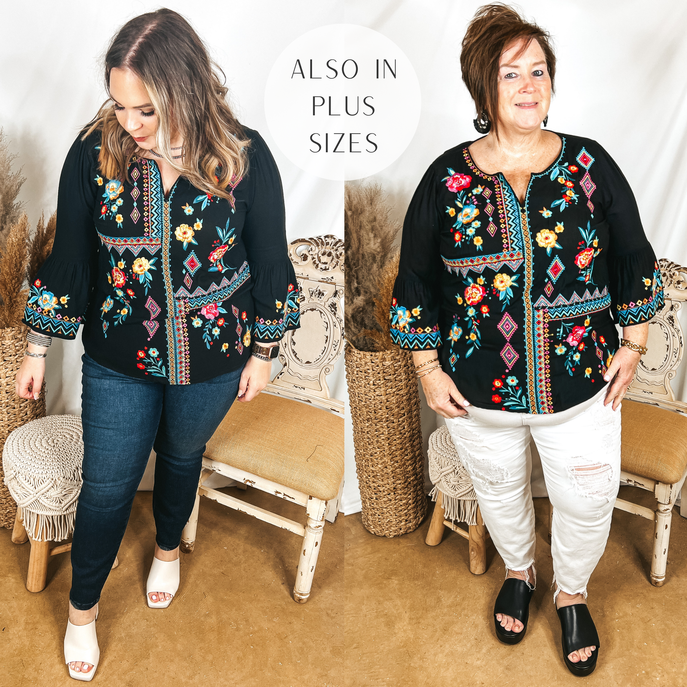 Models are wearing a black 3/4 sleeve top that has embroidery all over the front. Size large model has it paired with dark wash skinny jeans, white heels, and silver jewelry. Plus size model has it paired with white distressed jeans, black sandals, and black earrings.
