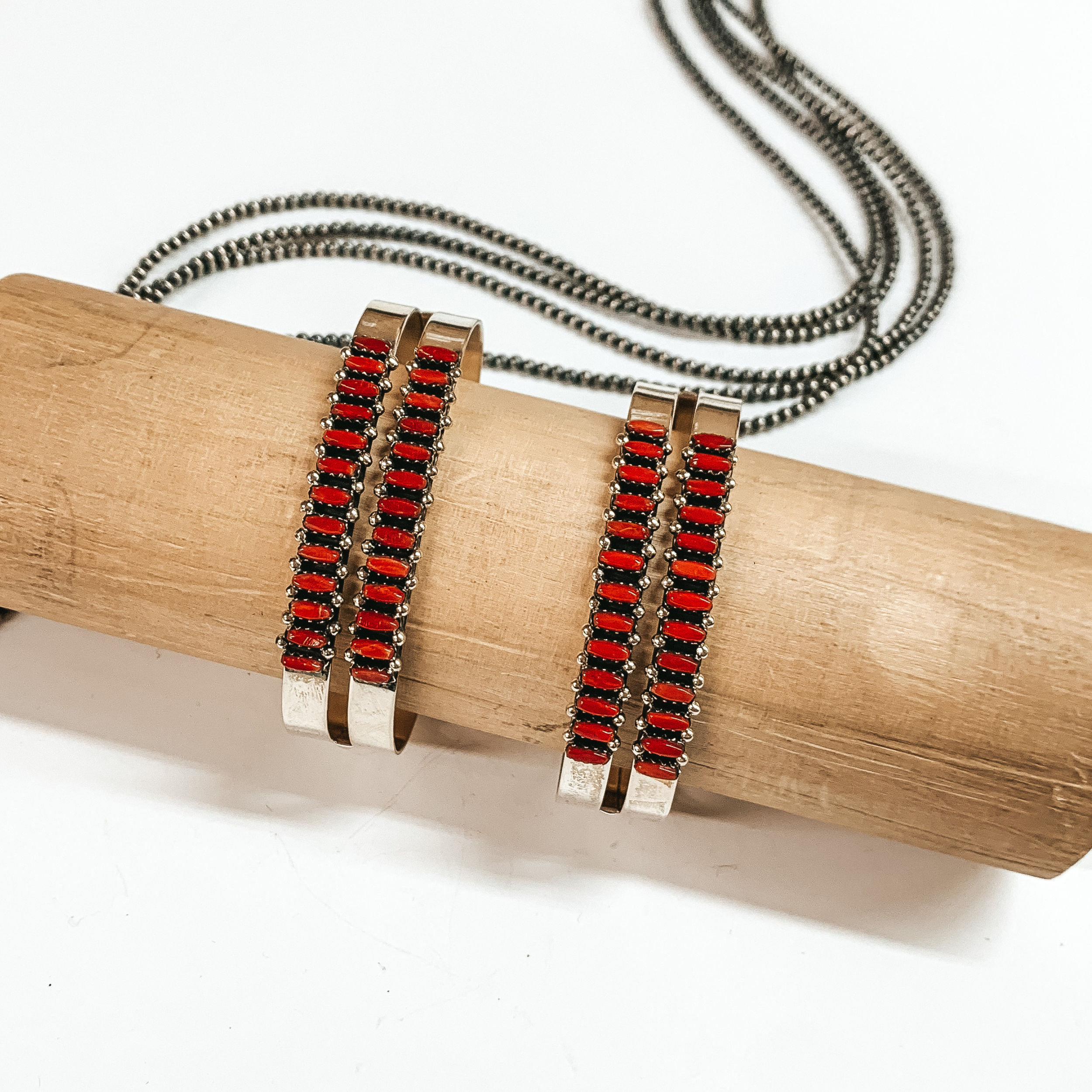 V Martz | Zuni Handmade Sterling Silver Double Cuff with Red Coral Stones - Giddy Up Glamour Boutique