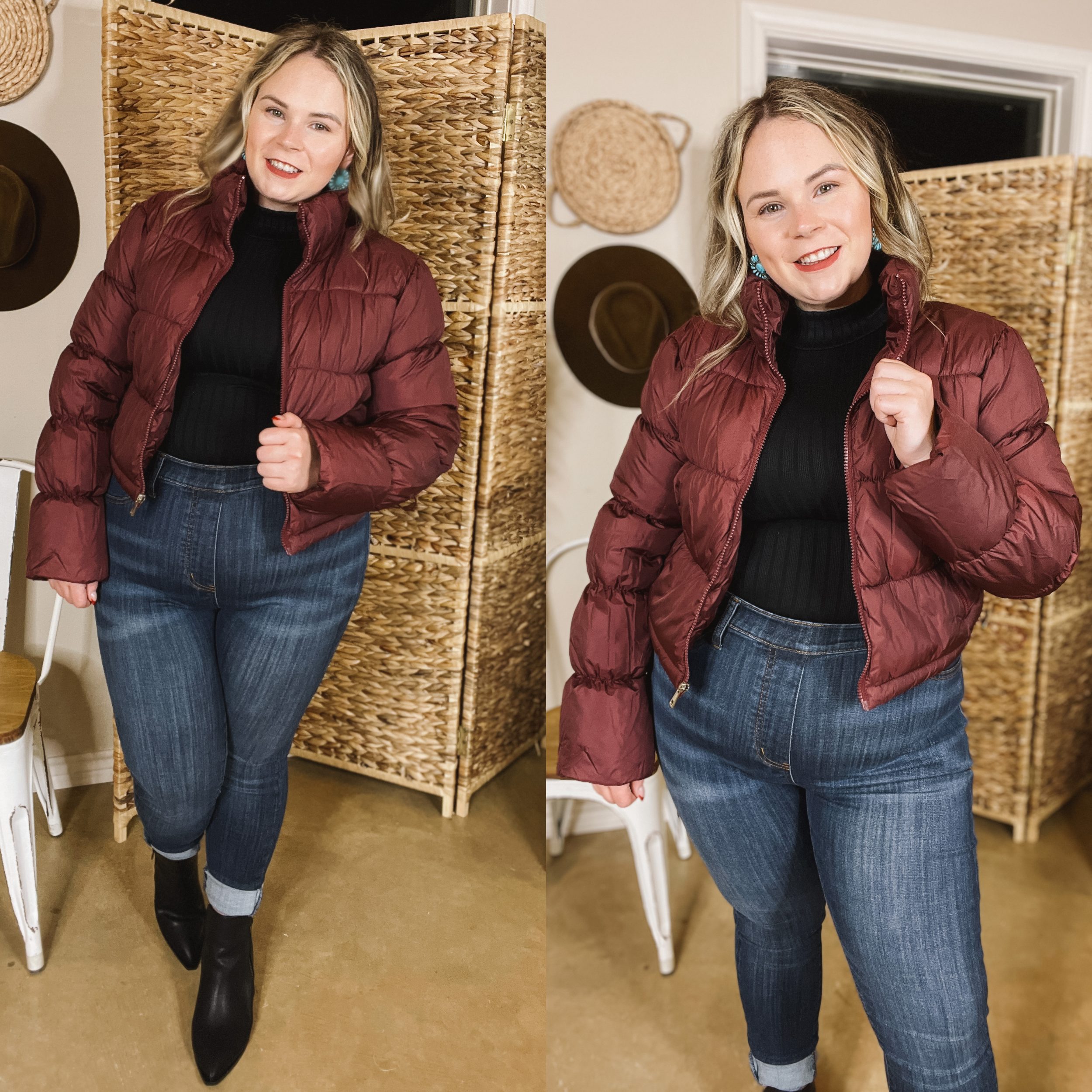 Wrapped In Cozy Cropped Puffer Jacket in Maroon - Giddy Up Glamour Boutique