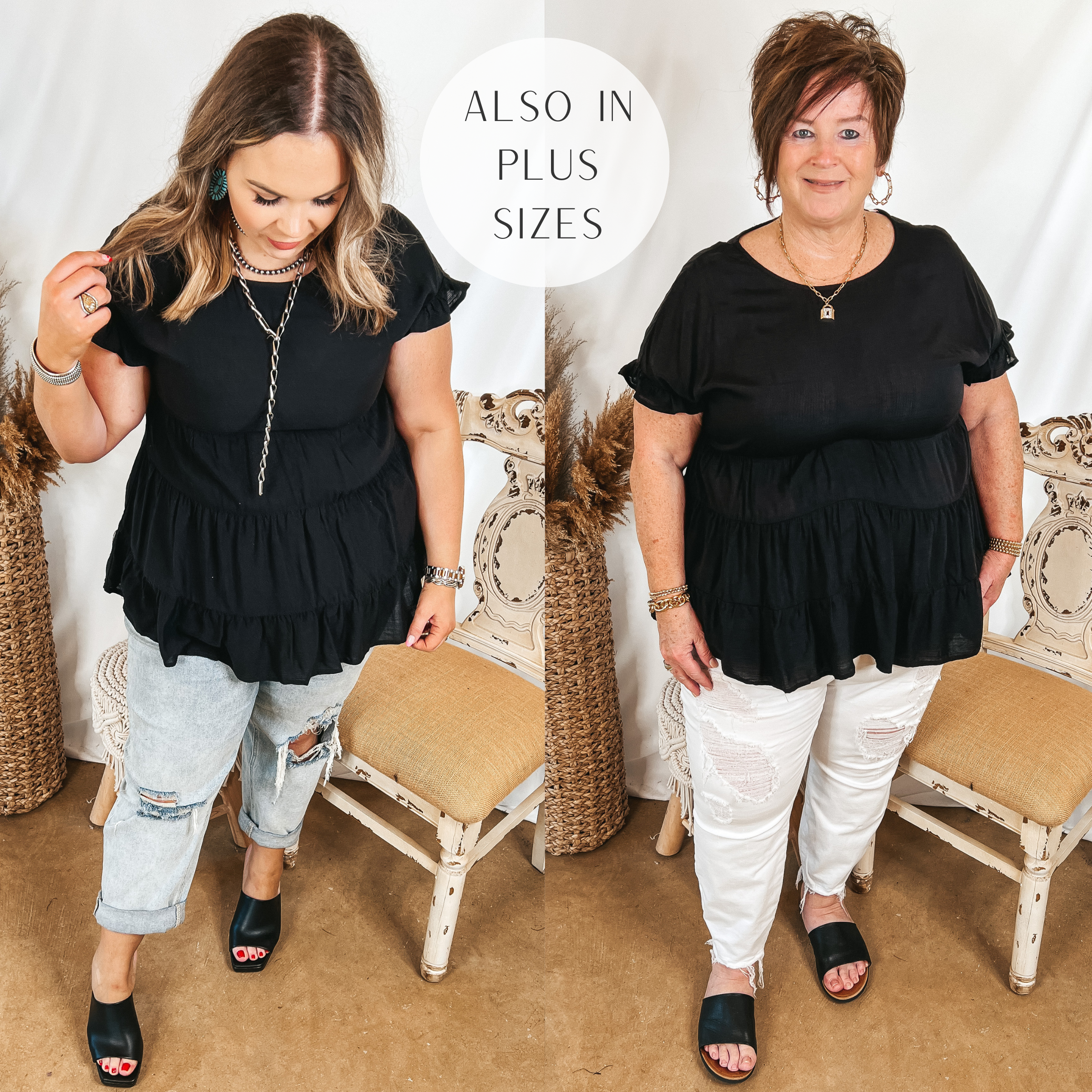 Belong To You Tiered Top with Ruffle Cap Sleeves in Black - Giddy Up Glamour Boutique