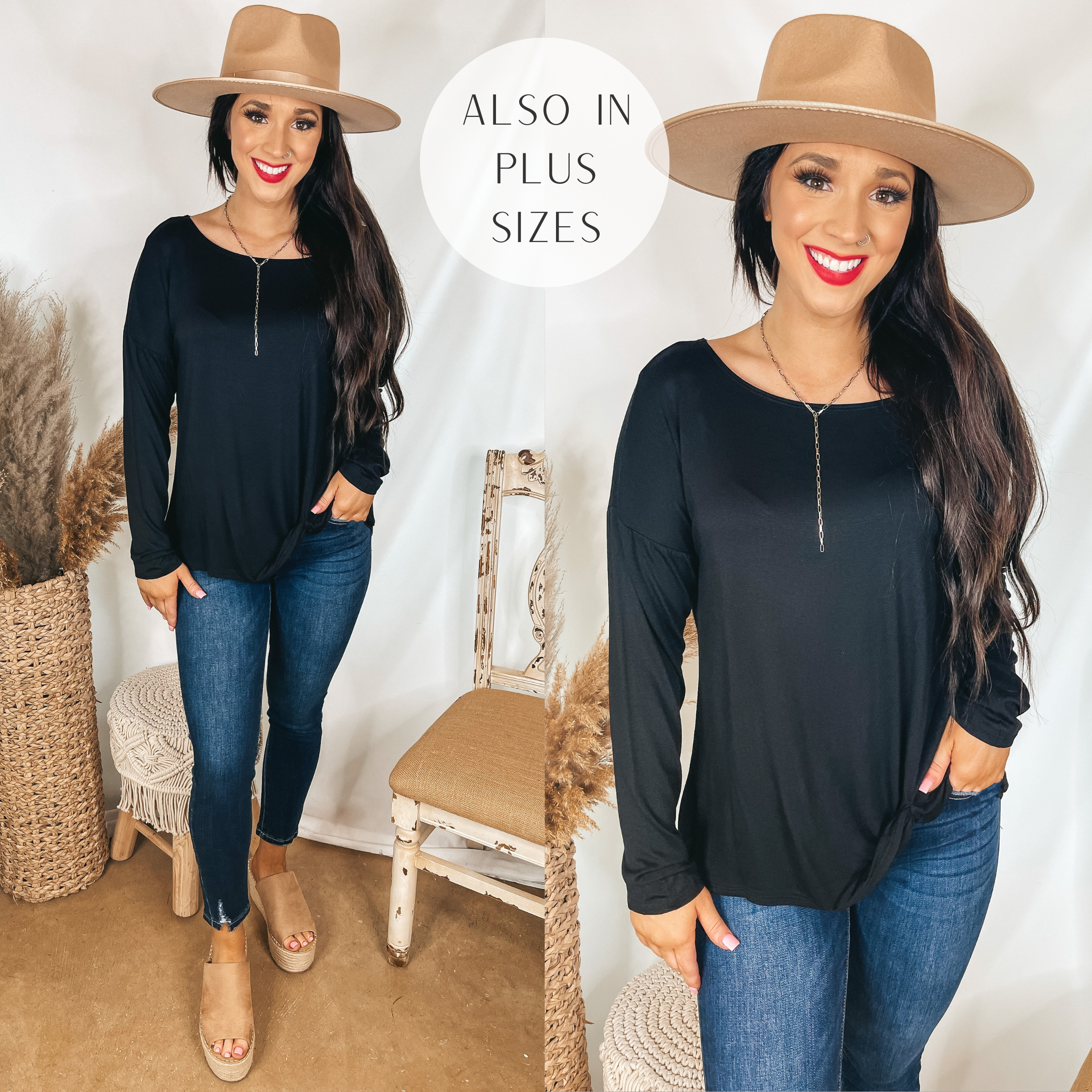 Model is wearing a black top that has long sleeves and a front knot. Model has it paired with dark wash skinny jeans, tan wedges, and a tan hat.