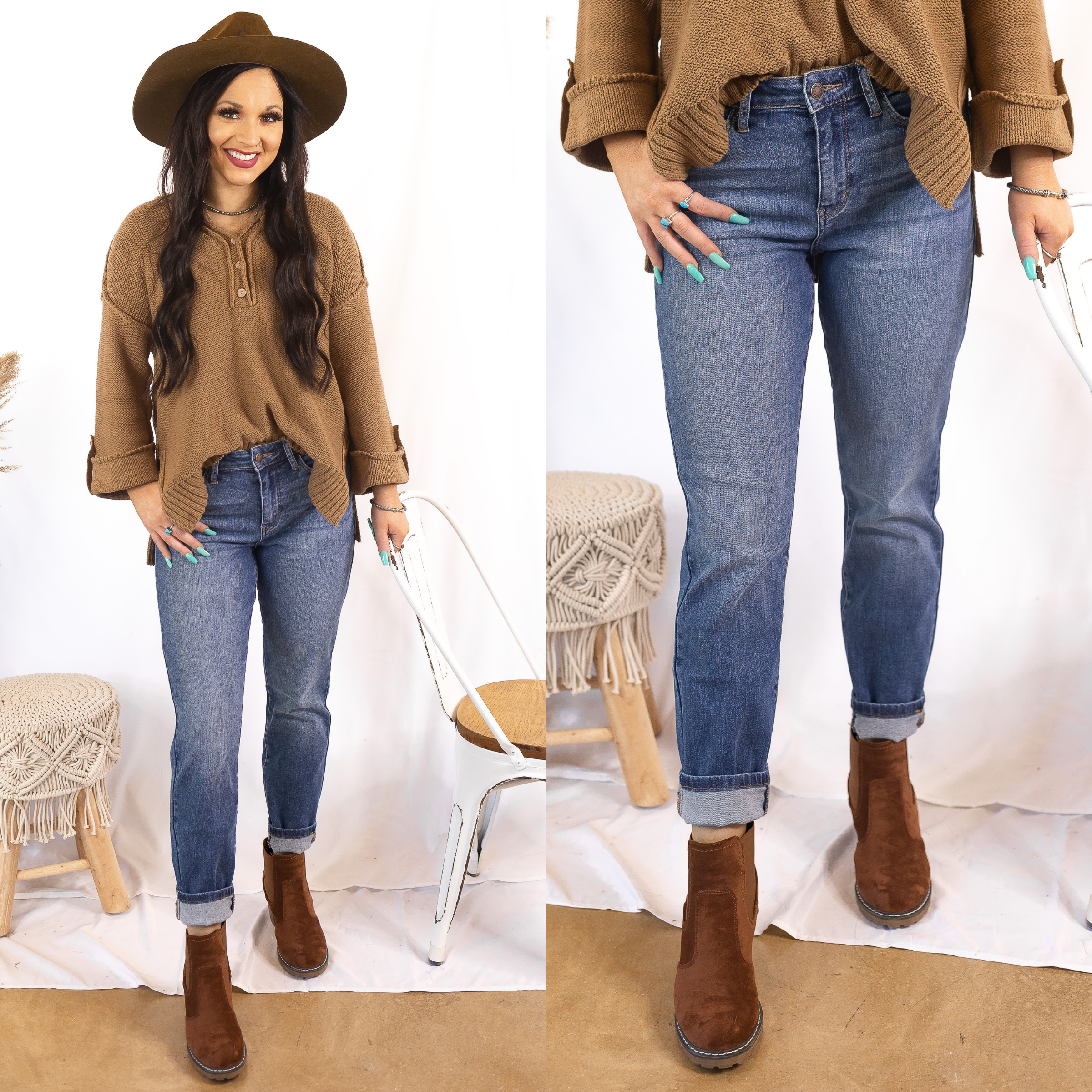 Model is wearing medium wash jeans that are cuffed and have no distressing. Model has them paired with a tan sweater, brown booties, and a brown hat.