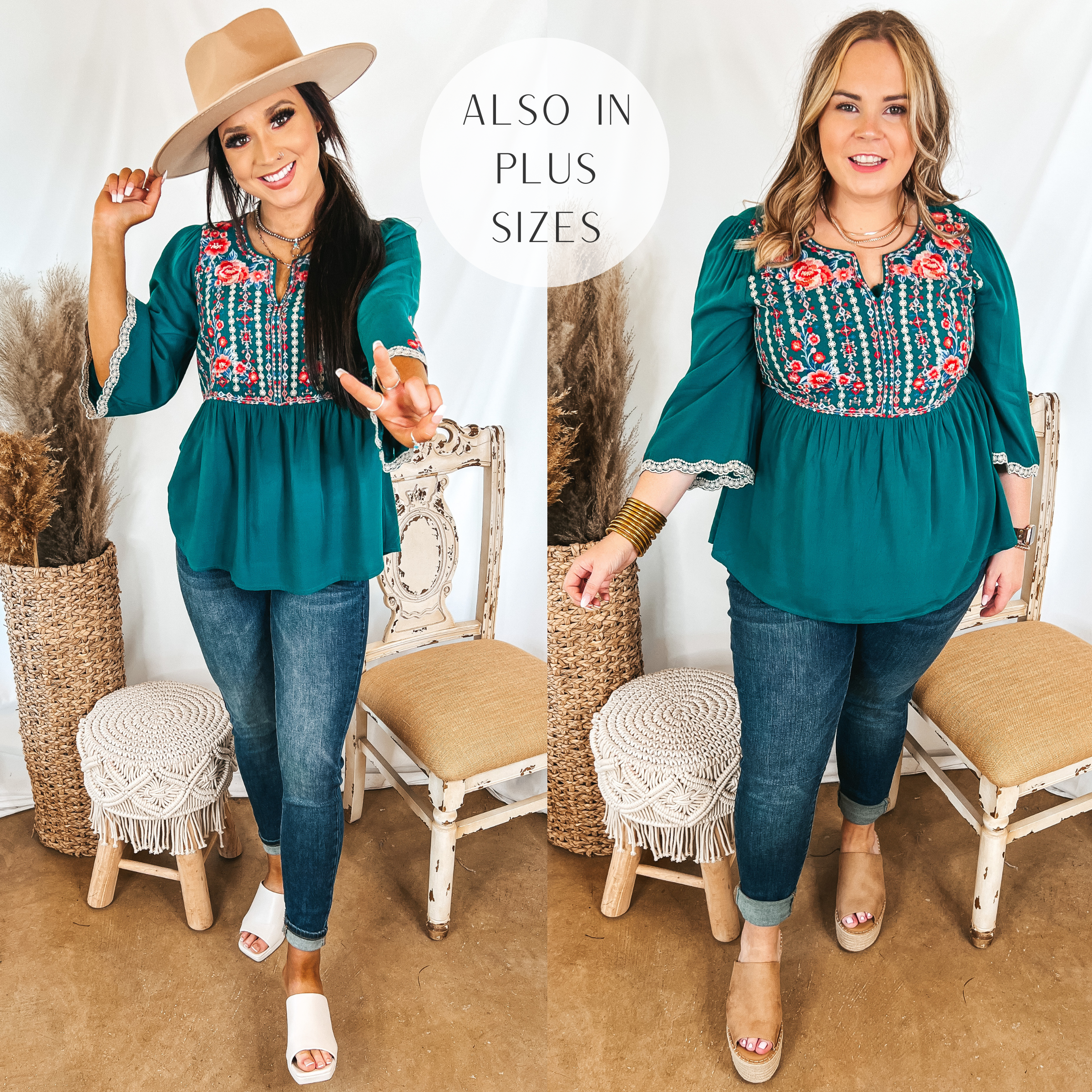 Models are wearing a teal babydoll top with embroidery on the top. Both models have it paired with dark wash skinny jeans that have no distressing. Size small model has it paired with white heels and a tan hat. Size large model has it paired with tan wedges and gold jewelry.