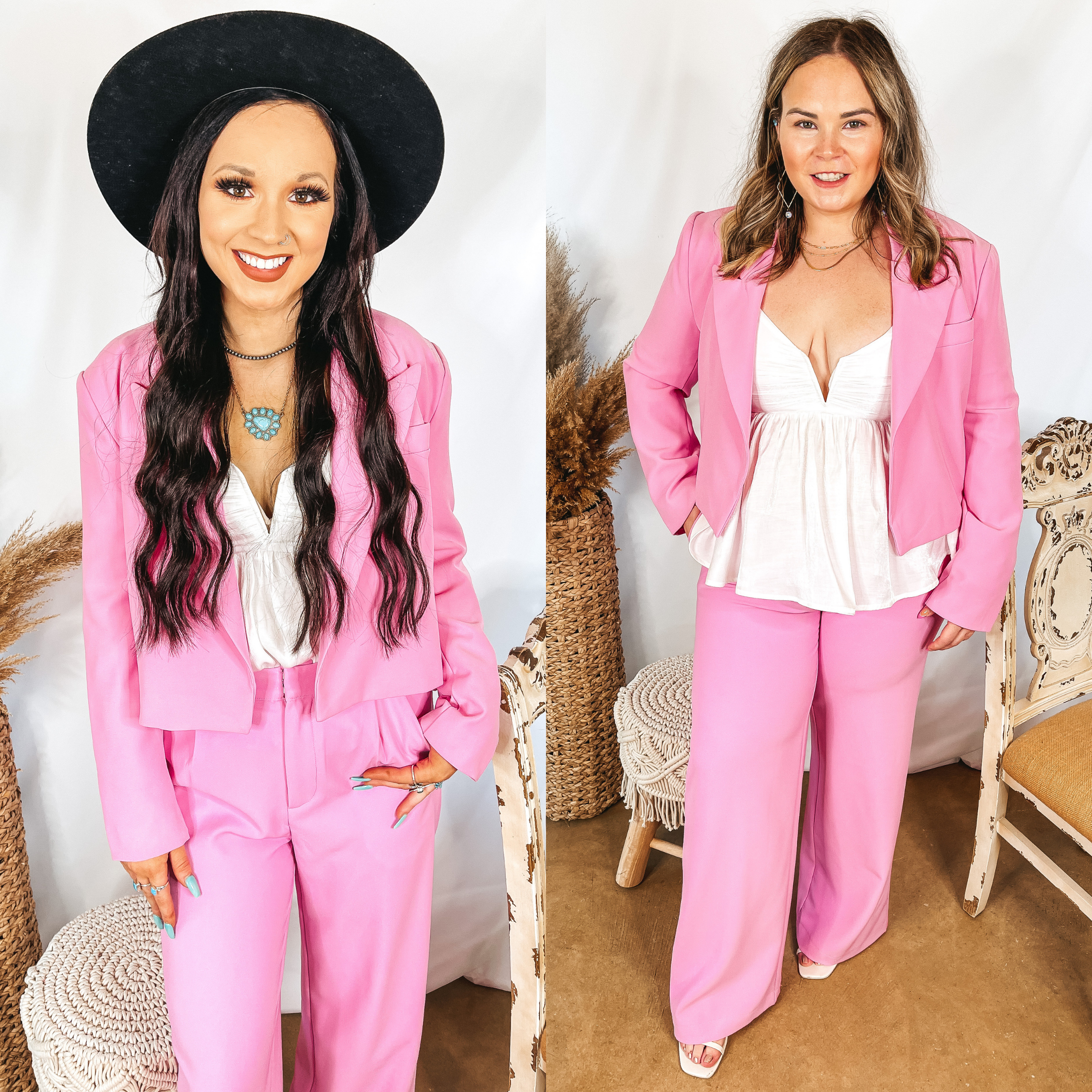 Models are wearing a light pink blazer that is cropped. Both models have it paired with matching pink trousers and a white blouse.