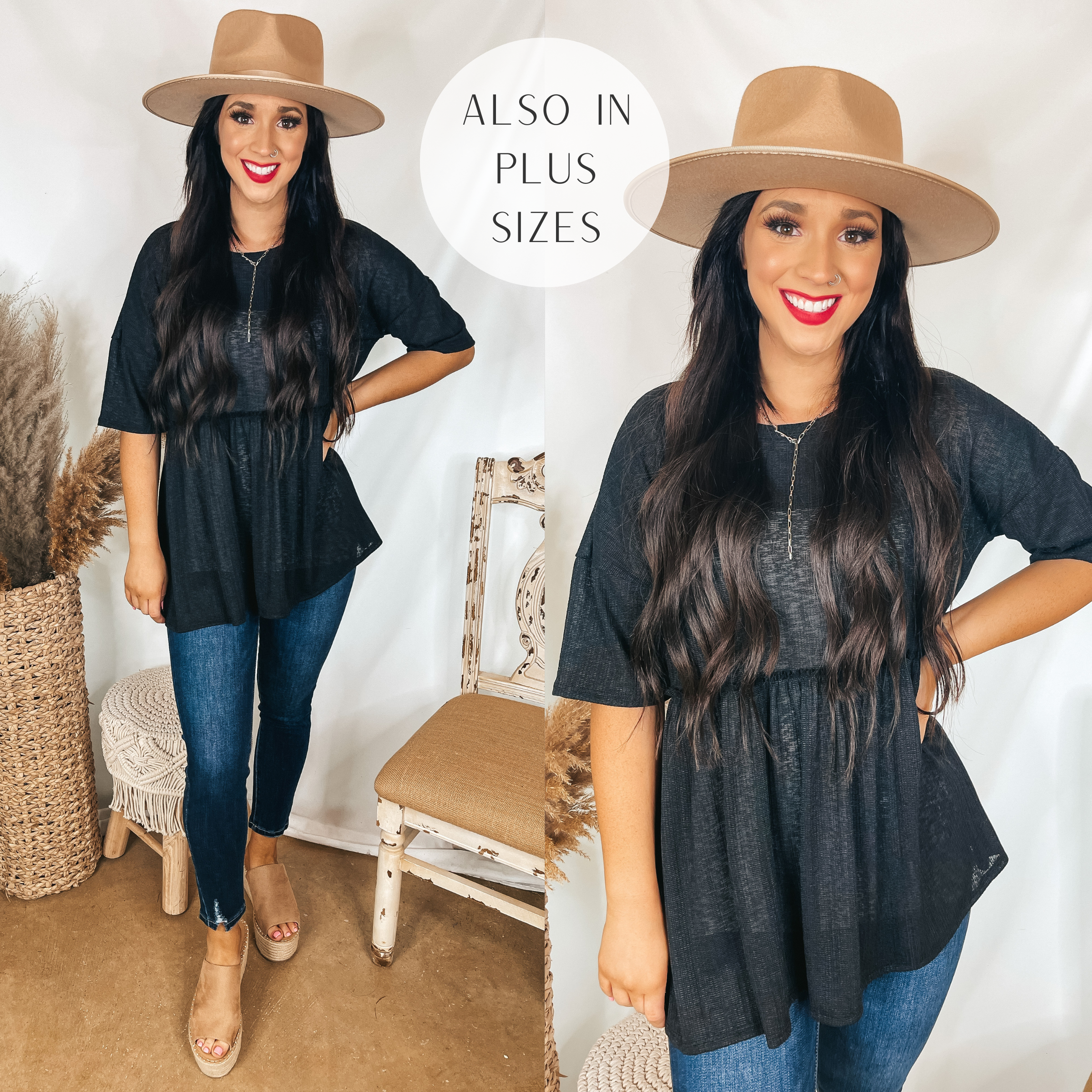 Model is wearing a black short sleeve babydoll top. Model has it paired with dark wash skinny jeans, tan wedges, and a tan hat.