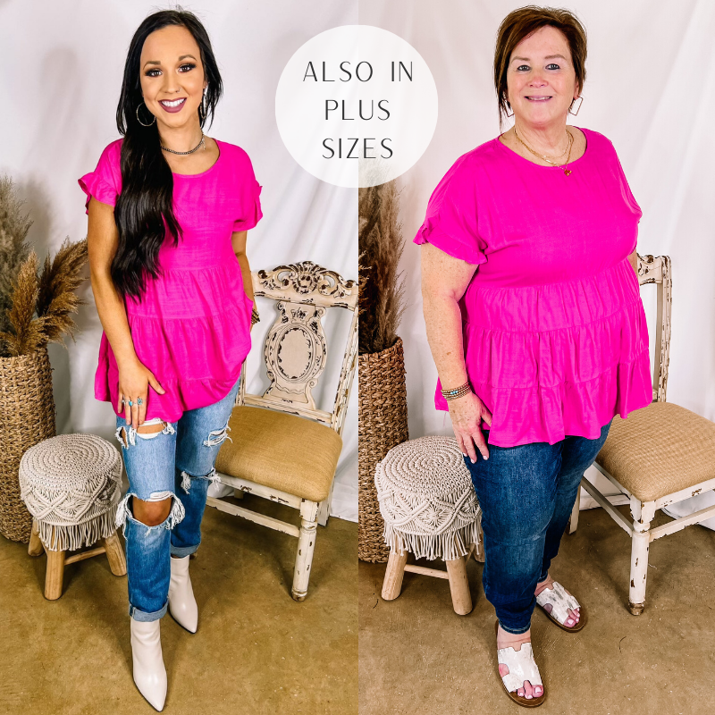 Models are wearing a pink ruffle tiered top. Size small model has it paired with  light wash distressed jeans, white booties, and silver jewelry. Size large model has it paired with white sandals, dark wash skinny jeans, and gold jewelry.