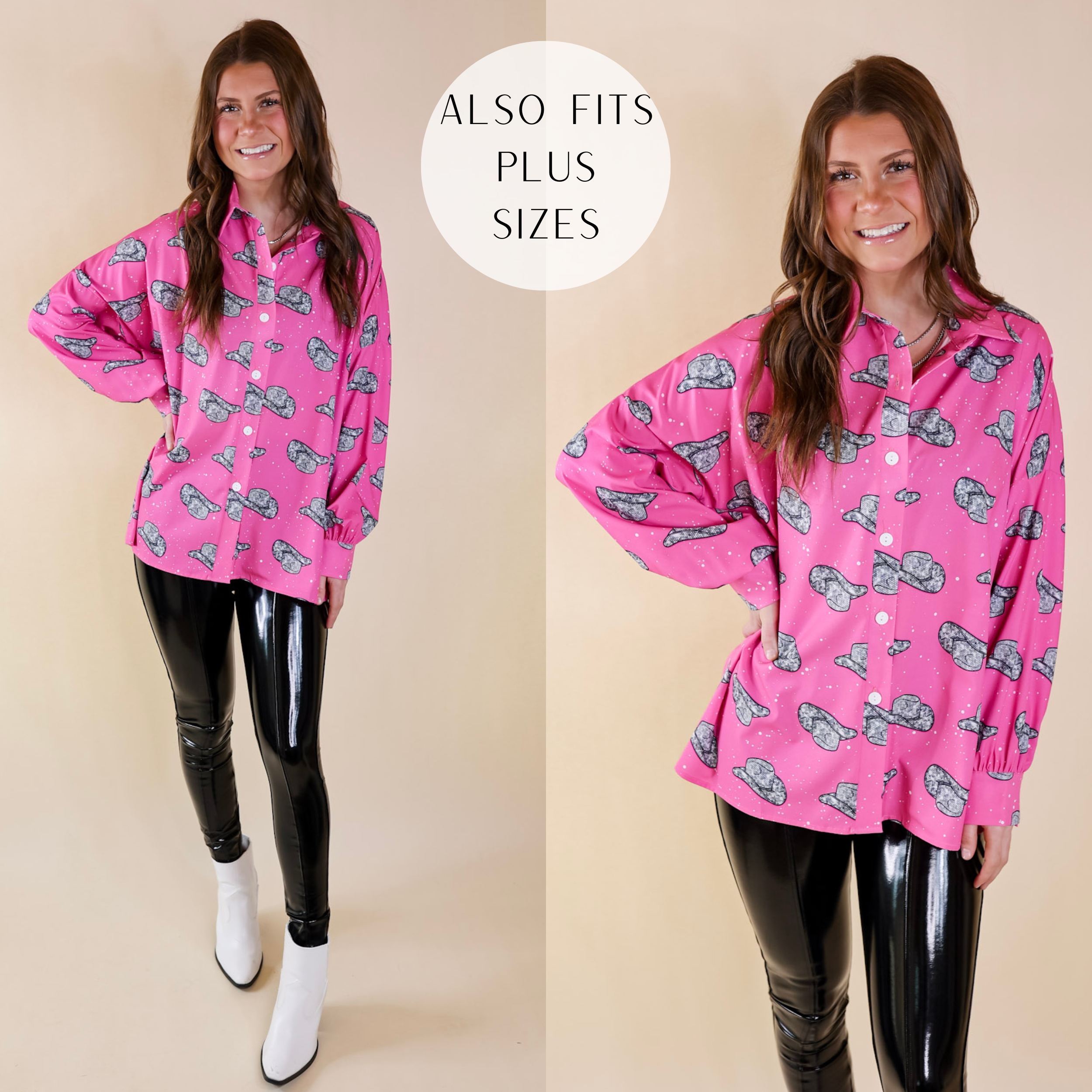 Model is wearing a pink button up top with disco print cowboy hats all over. Model has it paired with faux leather leggings, white booties, and silver jewelry.