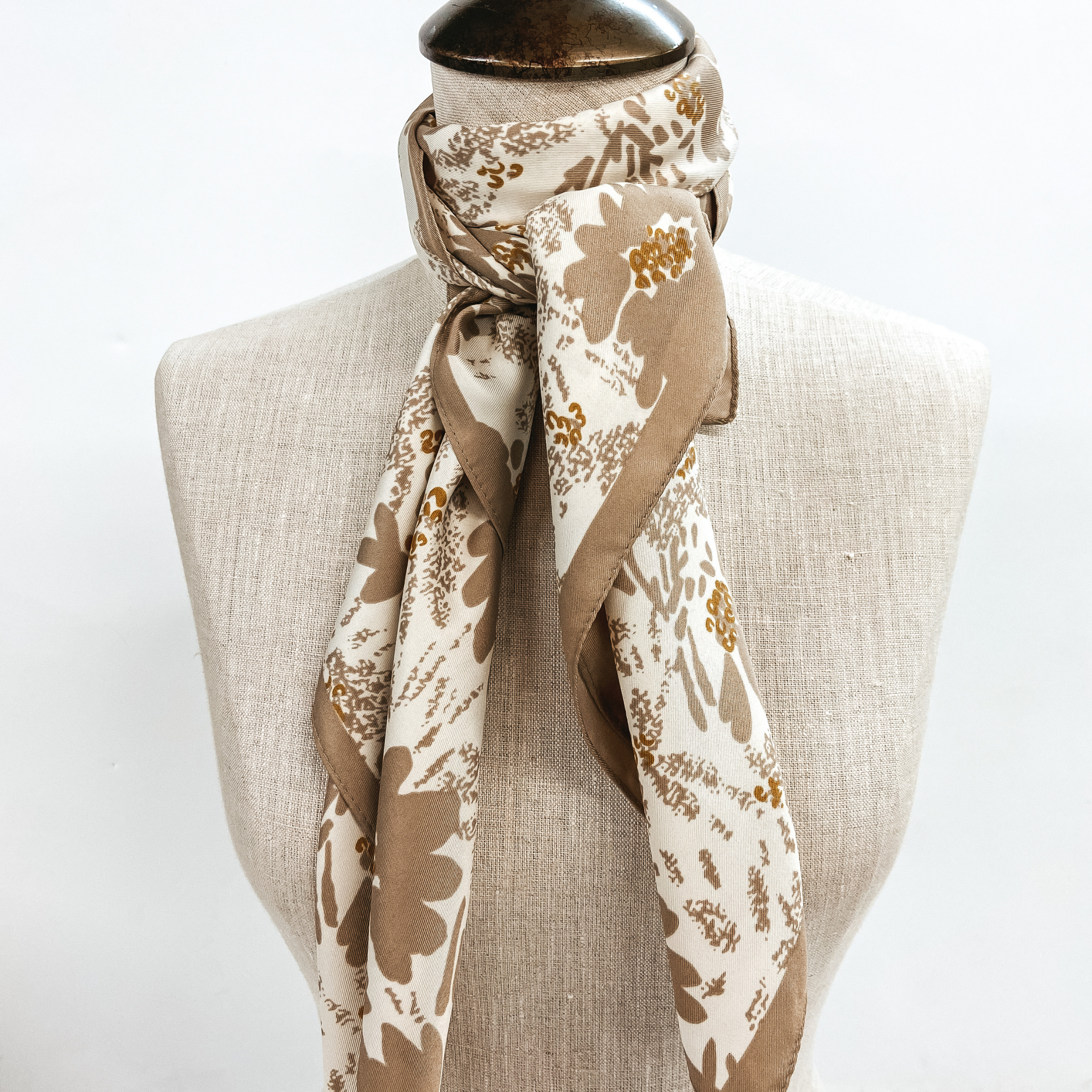 Floral Print Square Scarf in Ivory and Beige - Giddy Up Glamour Boutique