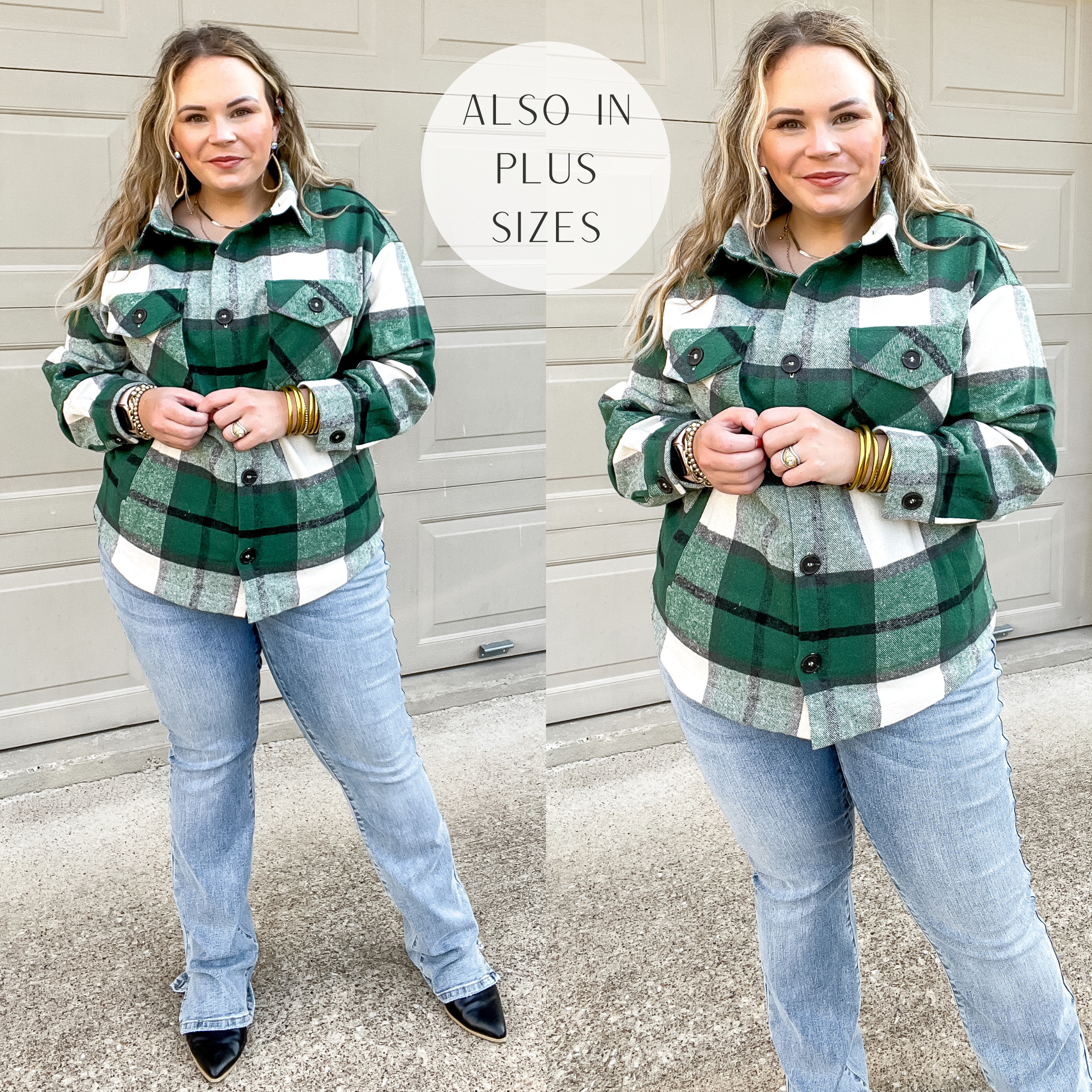 Model is wearing a button up plaid top that is hunter green with long sleeves. Model has it paired with black mules, light wash bootcut jeans, and gold jewelry.