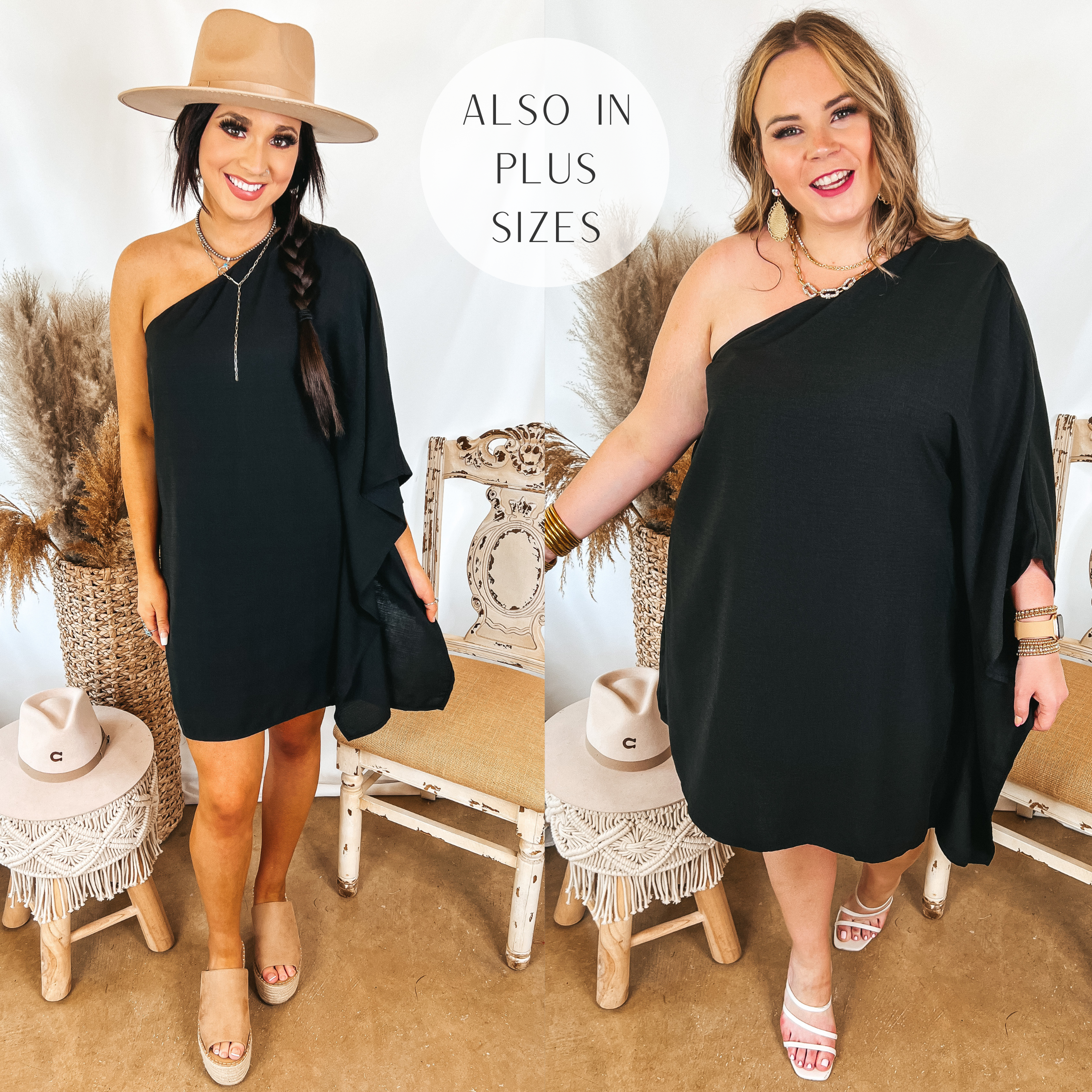 Models are wearing a black one shoulder drape dress. Size small model has it paired with tan wedges and a tan hat. SIze large model has it paired with white heels and gold jewelry.