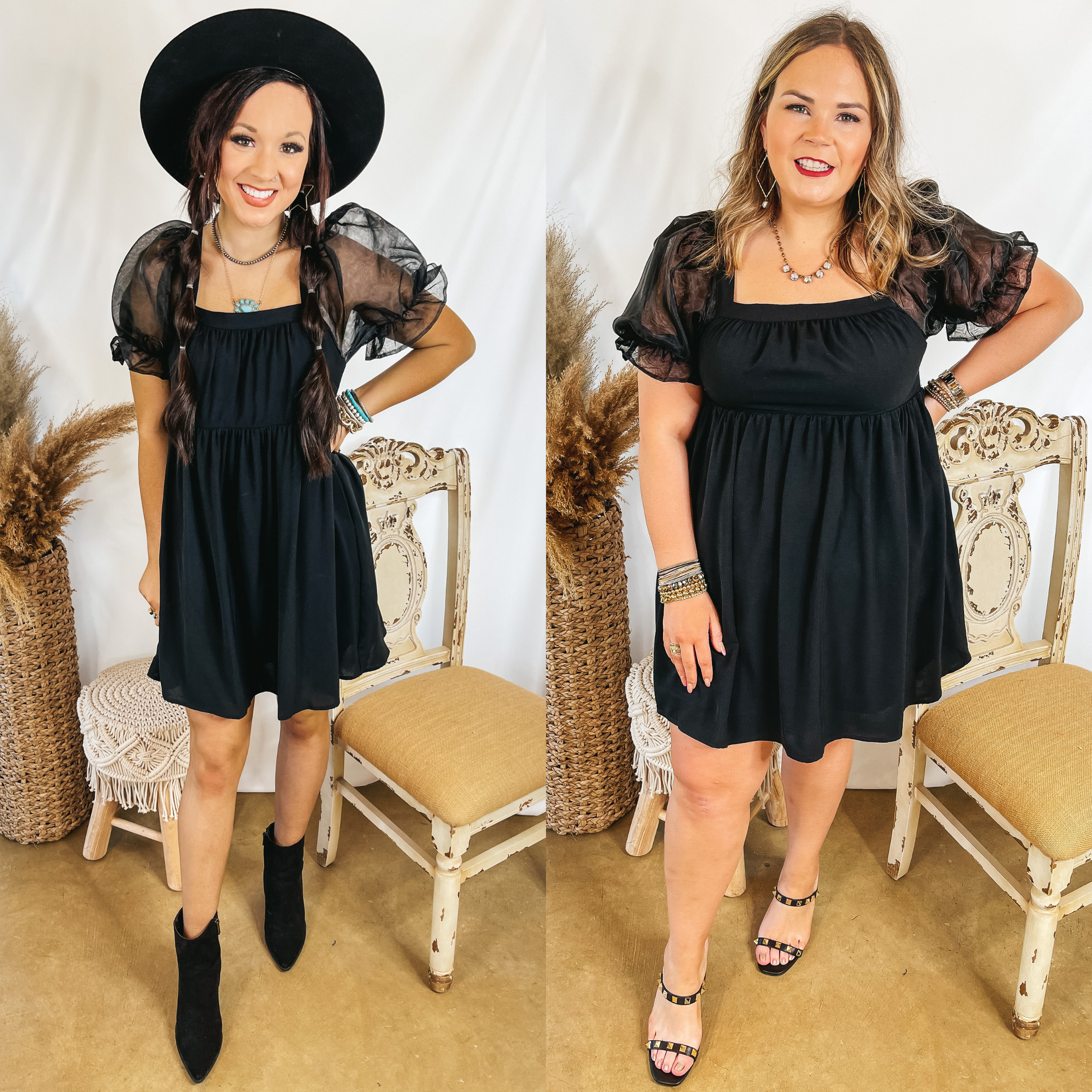 Models are wearing a black short dress with mesh puff short sleeves. Size small model has it paired with black booties and a black hat. Size large model has it paired with black heels and crystal jewelry.