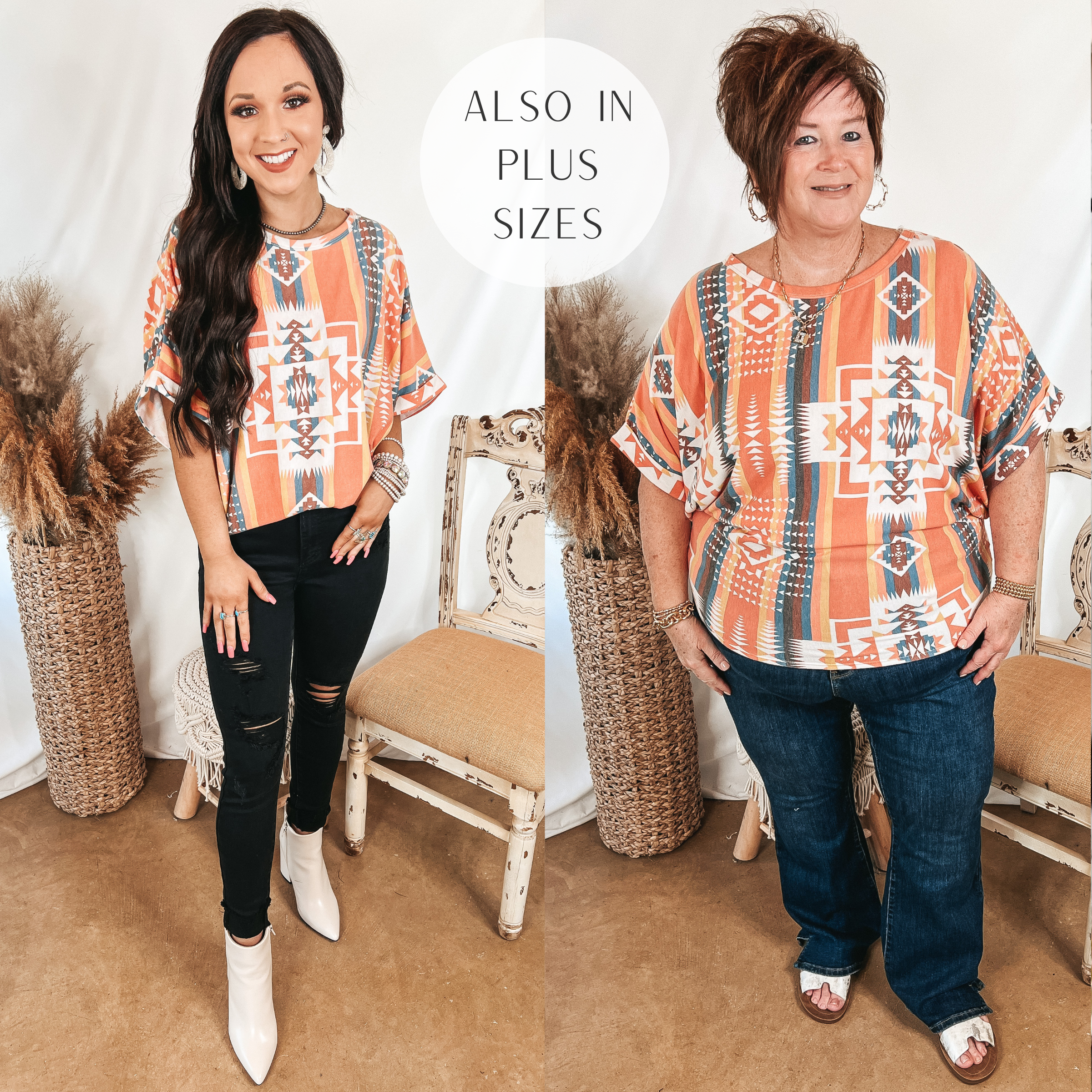 Models are wearing a stripe and Aztec drop sleeve top in coral, yellow and blue. Size small model has it paired with black distressed jeans and white booties. Plus size model has it paired with dark wash boyfriend jeans, white sandals, and gold jewelry.