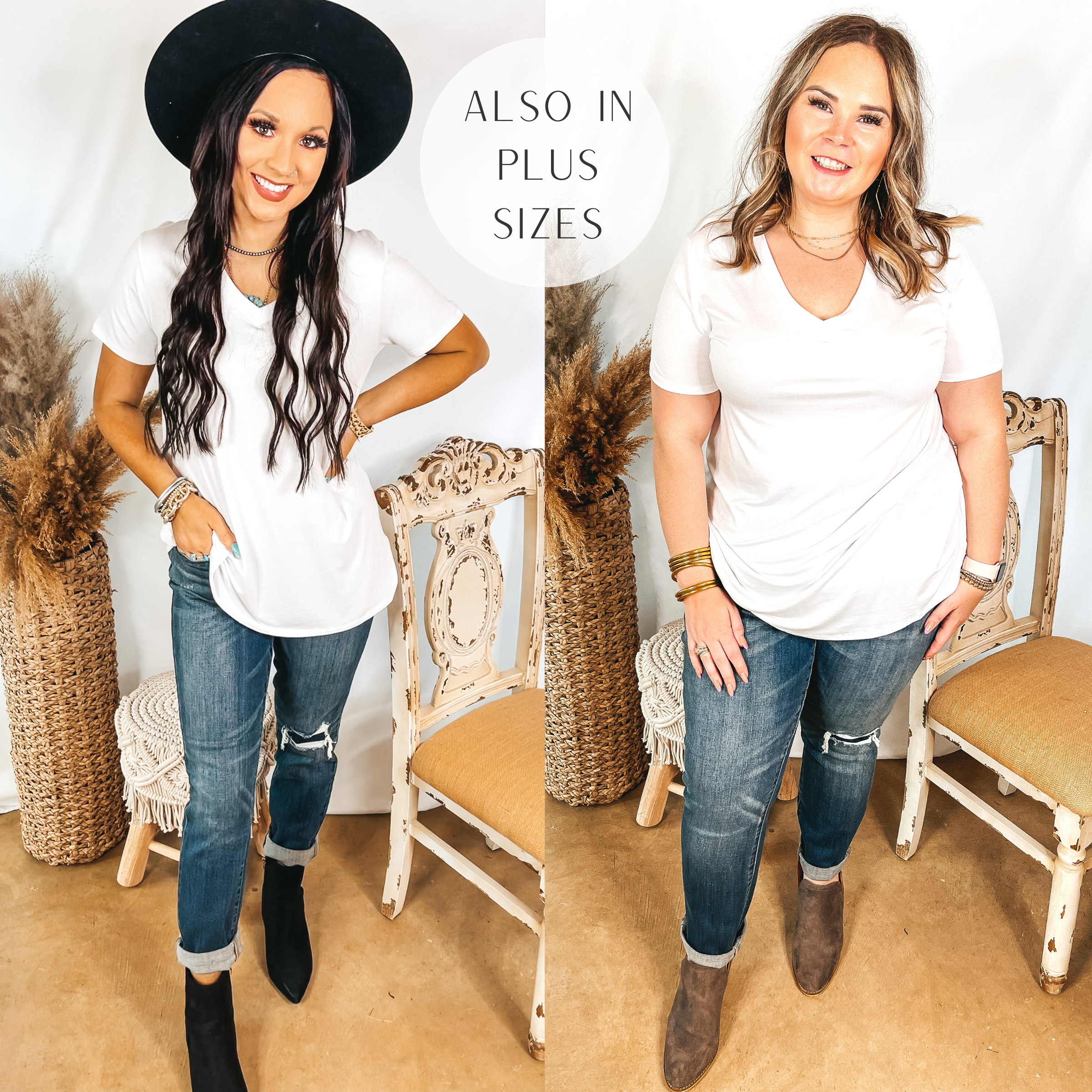 Models are wearing a solid white v neck top. Both models have it paired with medium wash patch boyfriend jeans. Size small model has it paired with black booties and a black hat. Size large model has it paired with brown booties and gold jewelry.