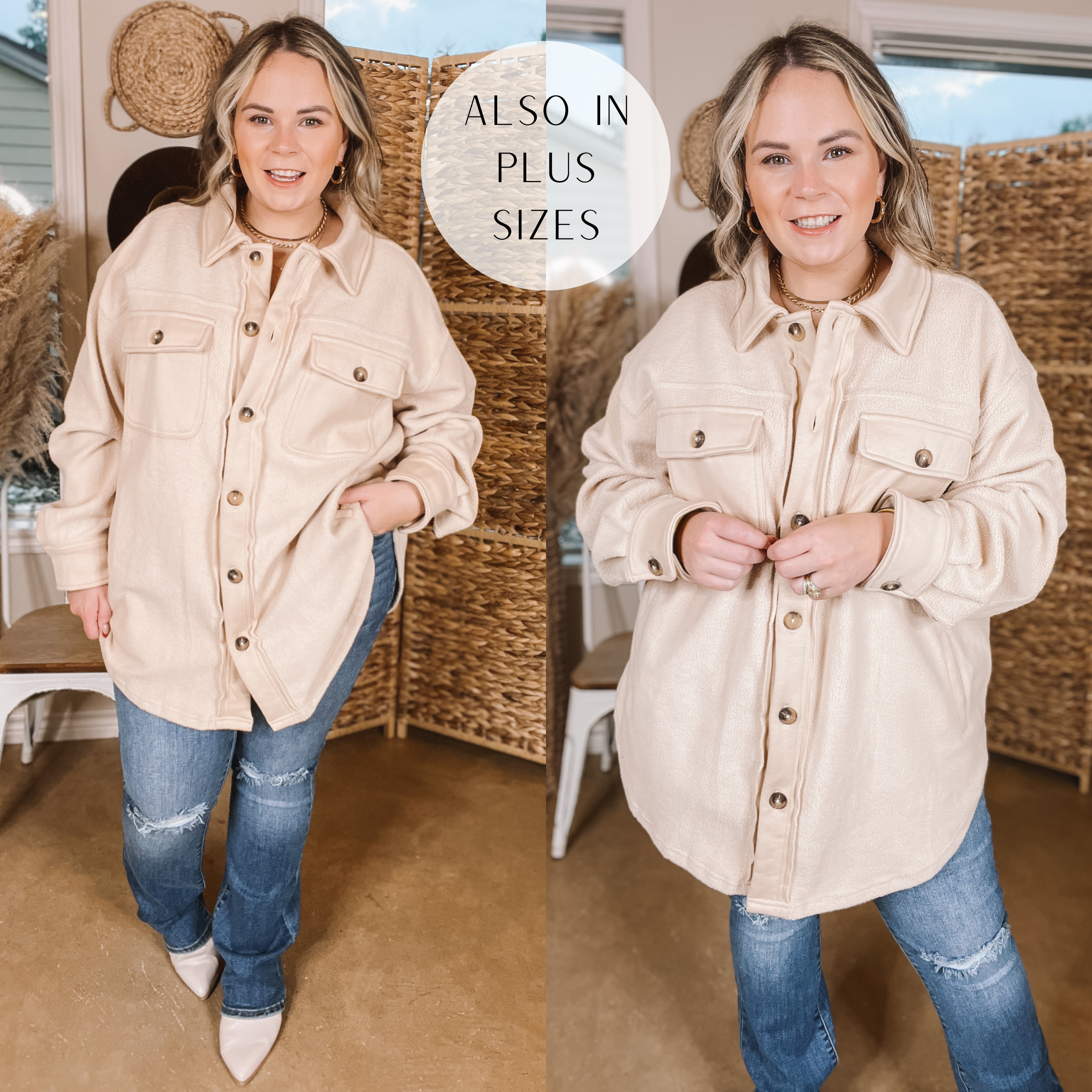 Hollywood Hike Button Up Fleece Jacket with Pockets in Cream - Giddy Up Glamour Boutique