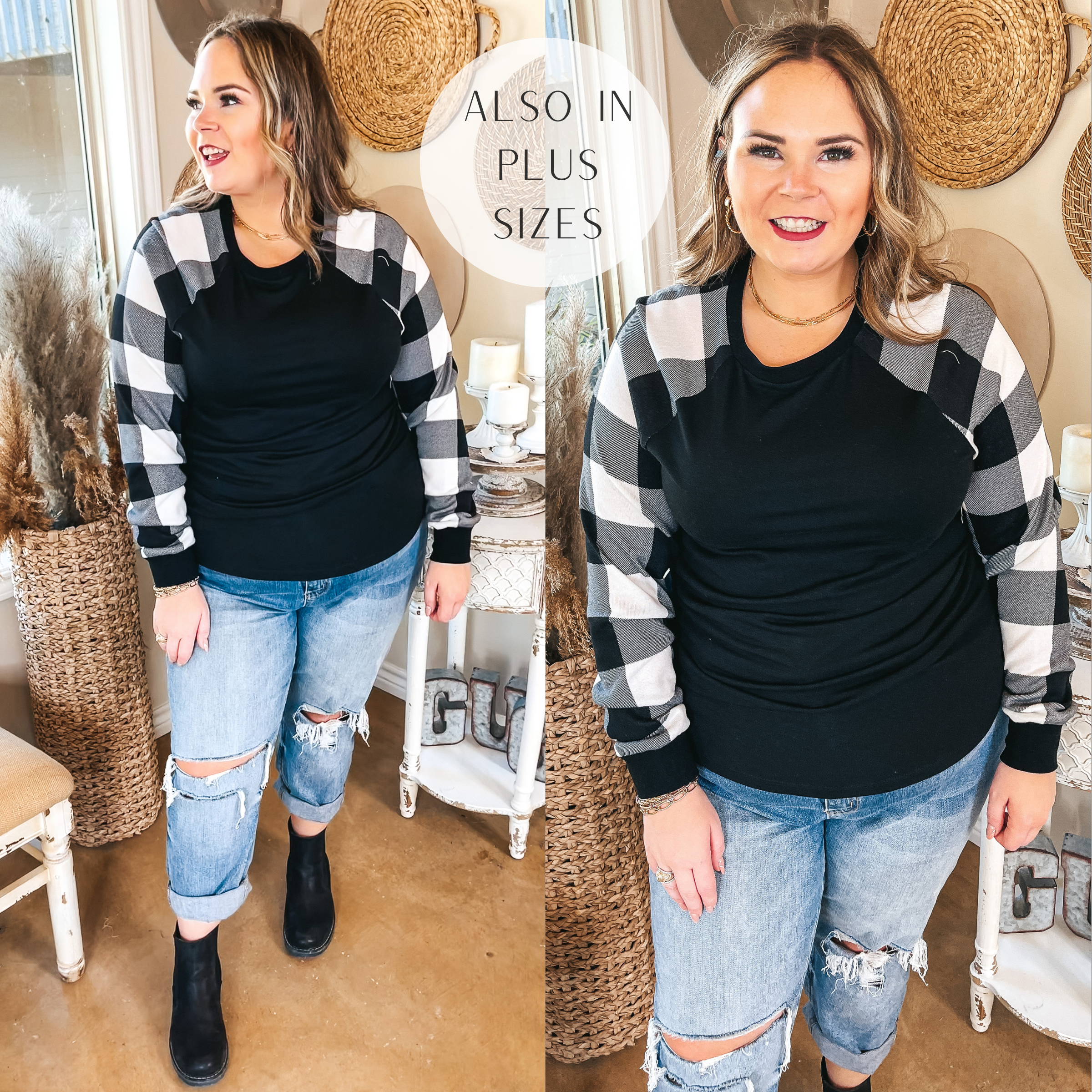 Last Chance Size Small & Med. | Joy All Around Buffalo Plaid Long Sleeve Top in Black - Giddy Up Glamour Boutique