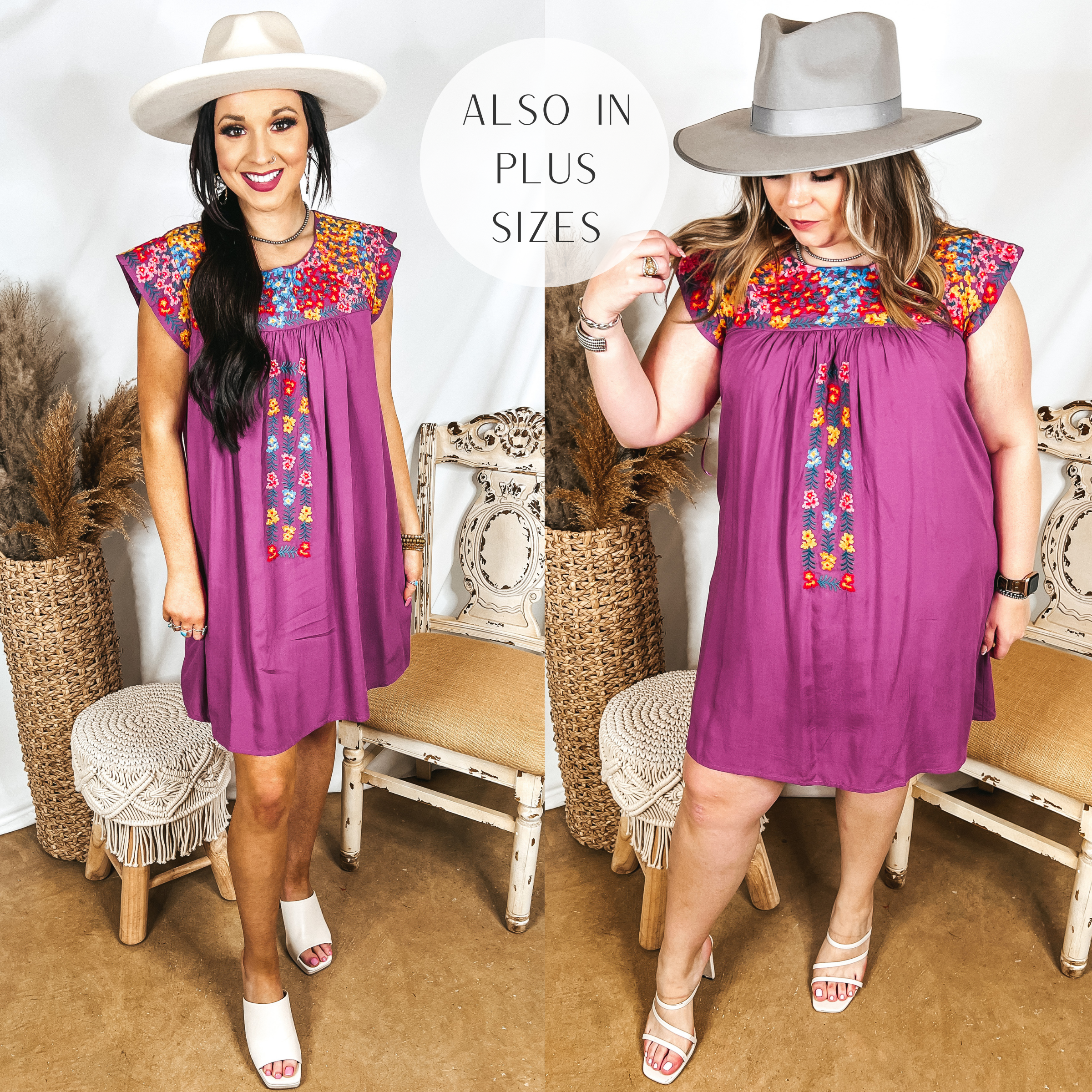 Models are wearing a magenta purple dress that has an embroidered upper and ruffle cap sleeves. Size small model has it paired with white heels and an ivory hat. Size large model has it paired with white heels and a grey hat.