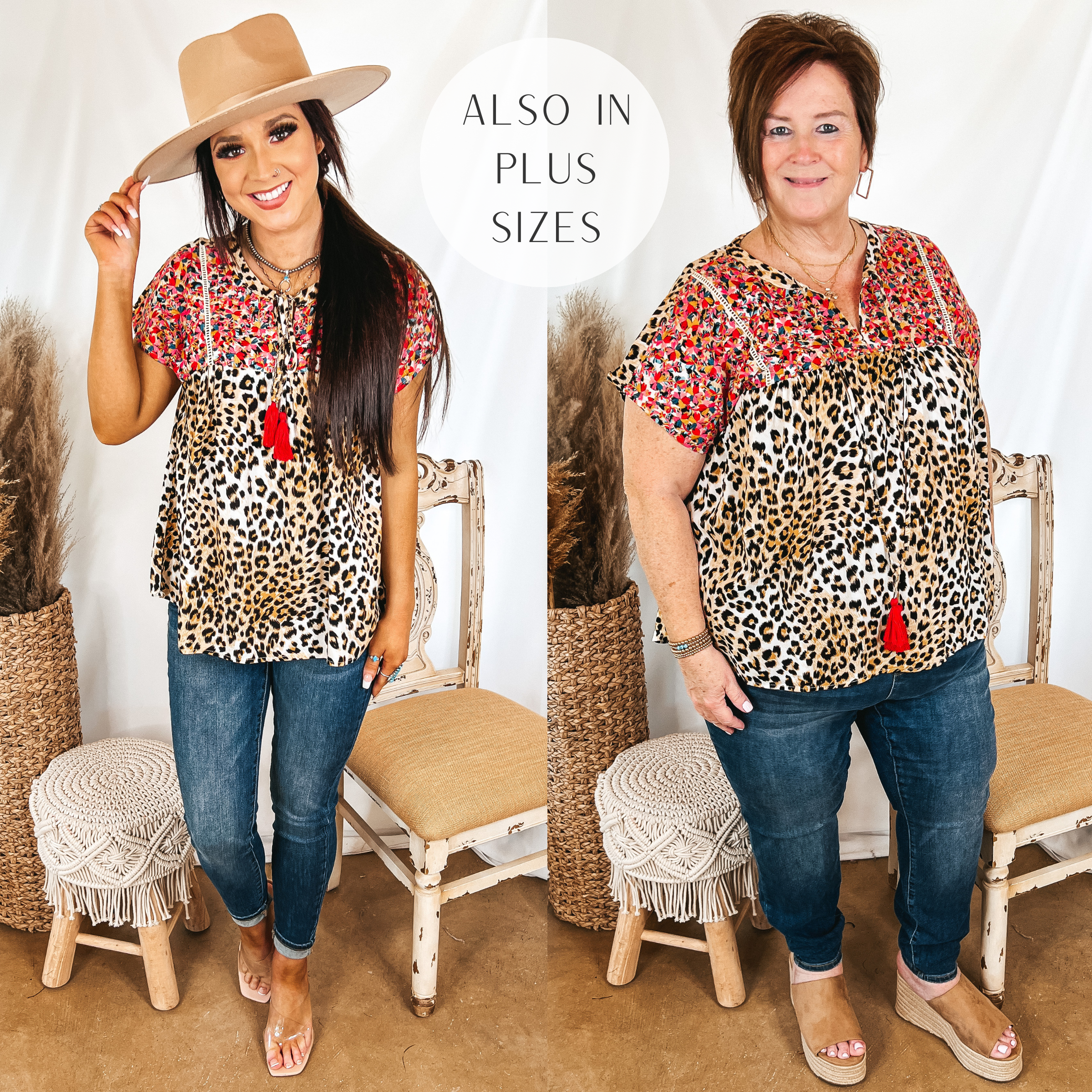 Models are wearing a leopard print top that has floral embroidery and a front tie keyhole. Size small model ahs it paired with a tan hat, dark wash skinnies, and clear heels. Plus size model has it paired with brown wedges, dark wash skinnies, and gold jewelry.