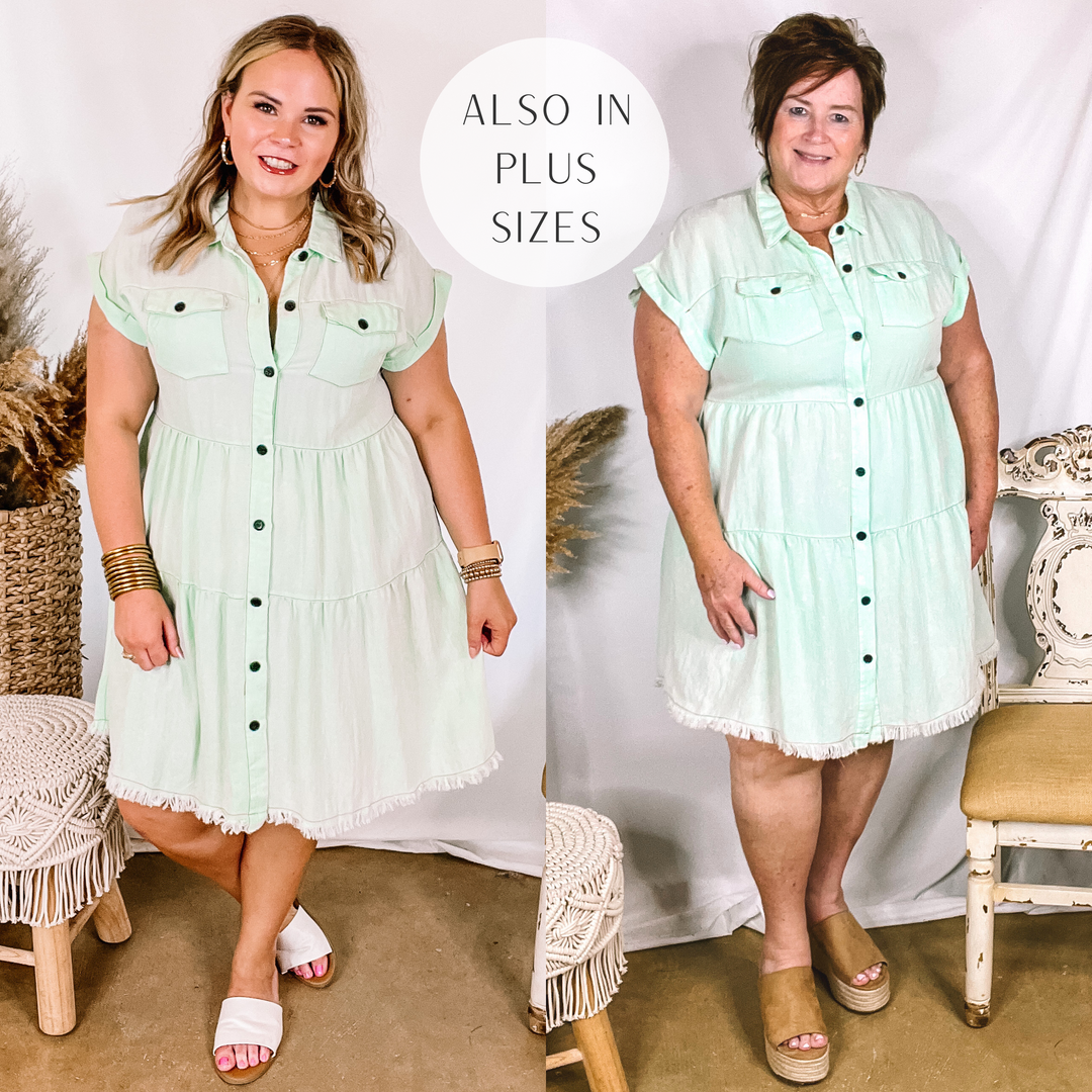 Oh Darling Ruffle Tiered Button Up Dress in Mint Green - Giddy Up Glamour Boutique