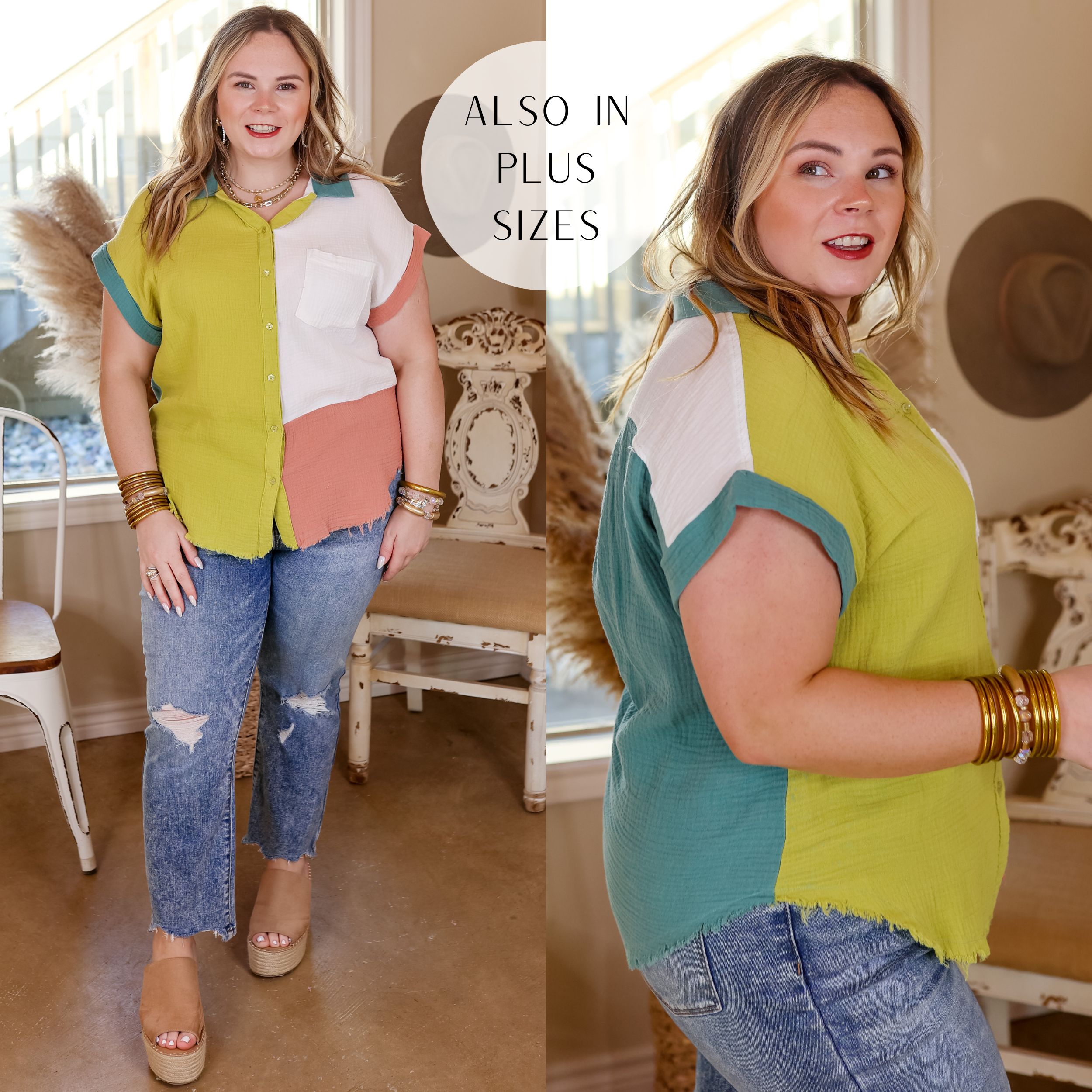 Model is wearing a button down color block top with a collar in teal, green, coral and white. Model has this top paired with straight leg jeans, wedges, and gold jewelry. 