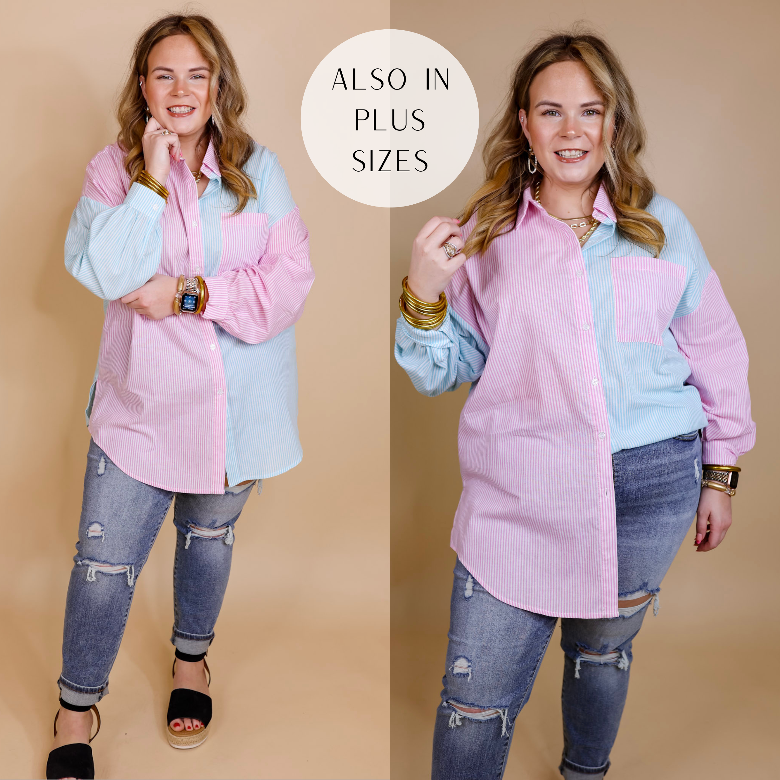 Model is wearing a button up top that is half pink stripes and half blue stripes. Model has this top paired with distressed skinny jeans, gold jewelry, and black sandals.