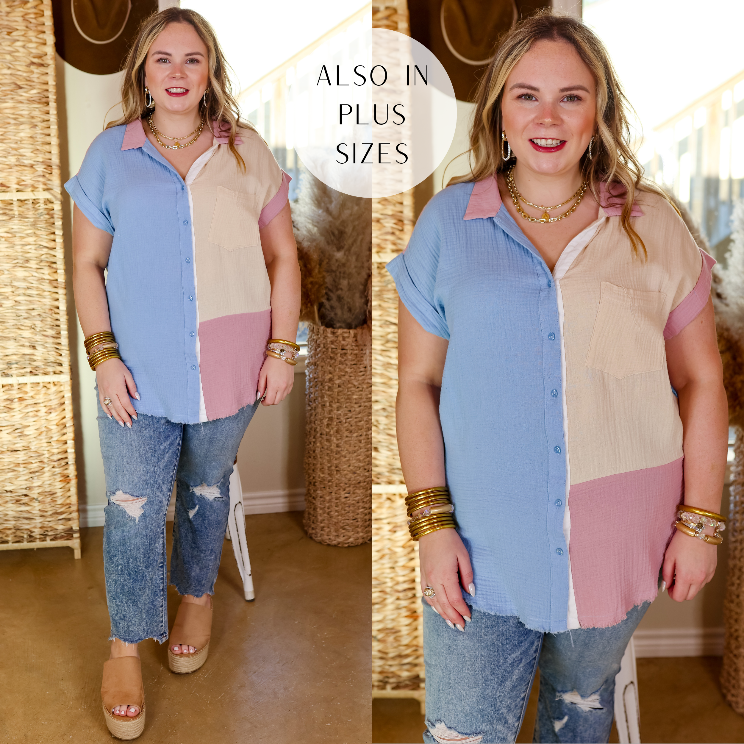 Model is wearing a button down color block top with a collar in baby blue, mauve, and pale yellow.  Model has this top paired with straight leg jeans, wedges, and gold jewelry. 