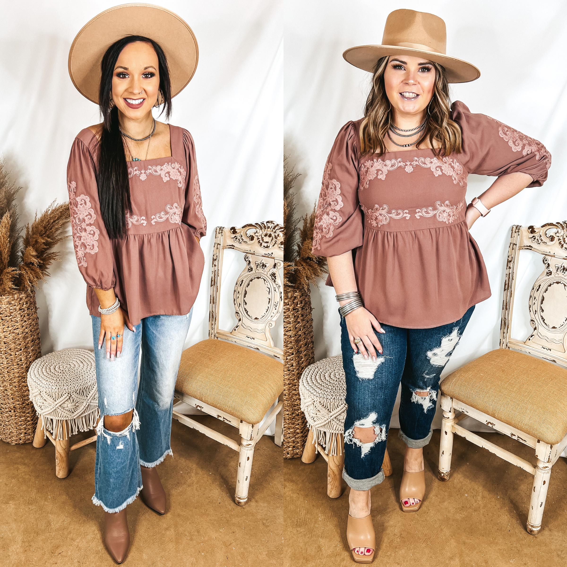 Models are wearing a square neckline blouse in mauve pink. Size small model has it paired with distressed cropped flare jeans, brown booties, and a tan hat. Size large model has it paired with distressed boyfriend jeans, tan heels, and a tan hat.