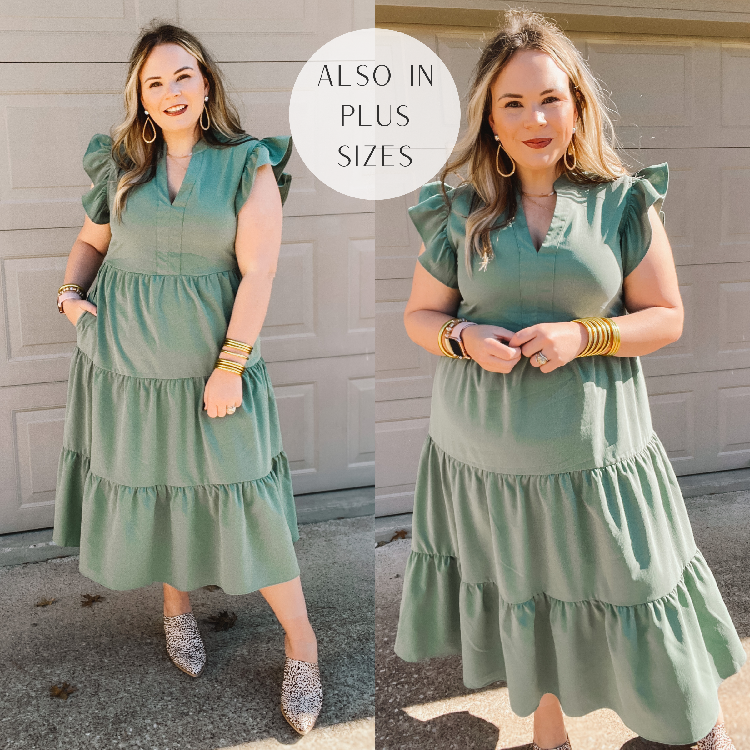 Model is wearing a ruffle cap sleeve tiered midi dress that is dusty sage green. Model has it paired with leopard print mules and gold jewelry.