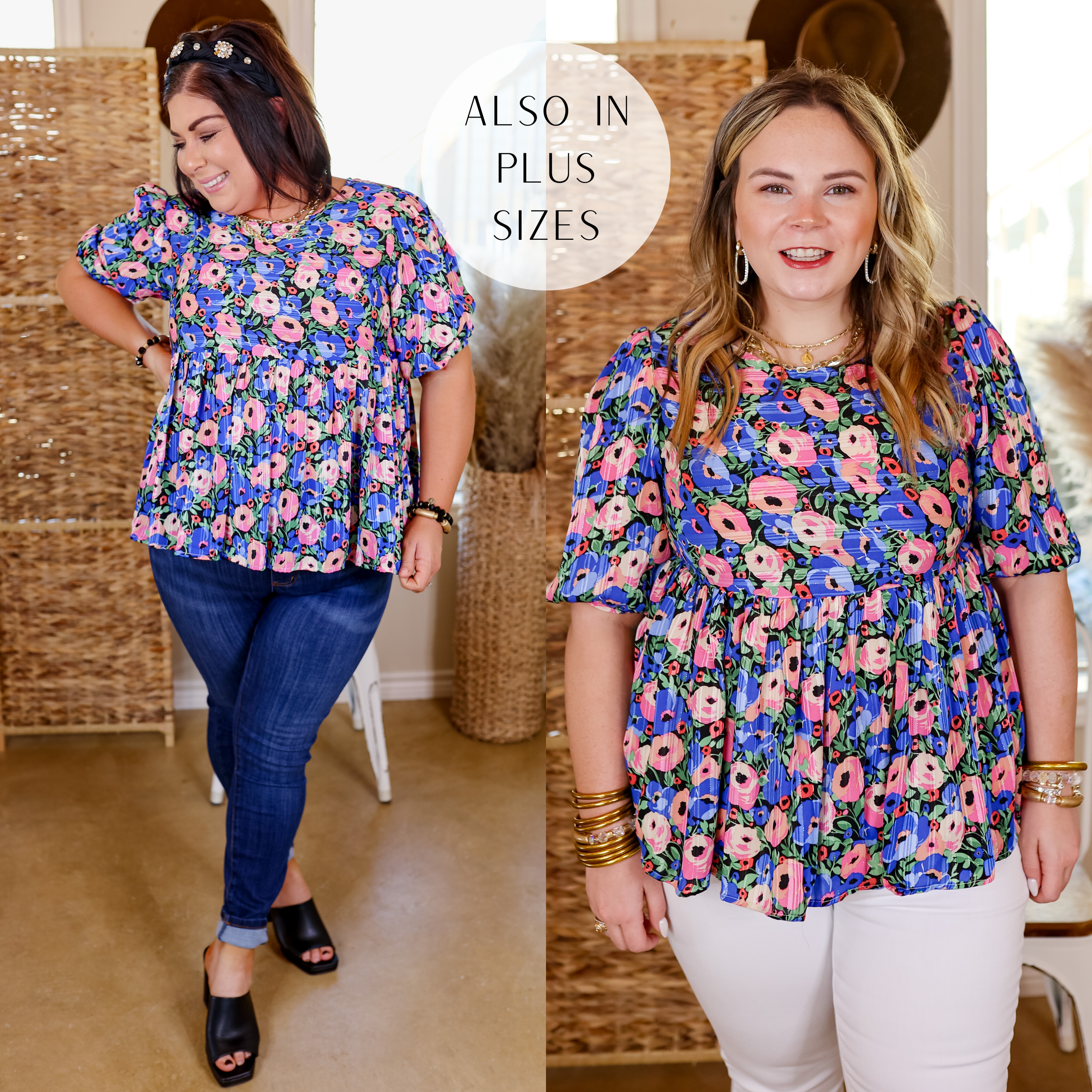 Model is wearing a half sleeve top in a blue, pink, and green floral print. Model has this top paired with blue jeans, black heels, gold jewelry and a black headband. 