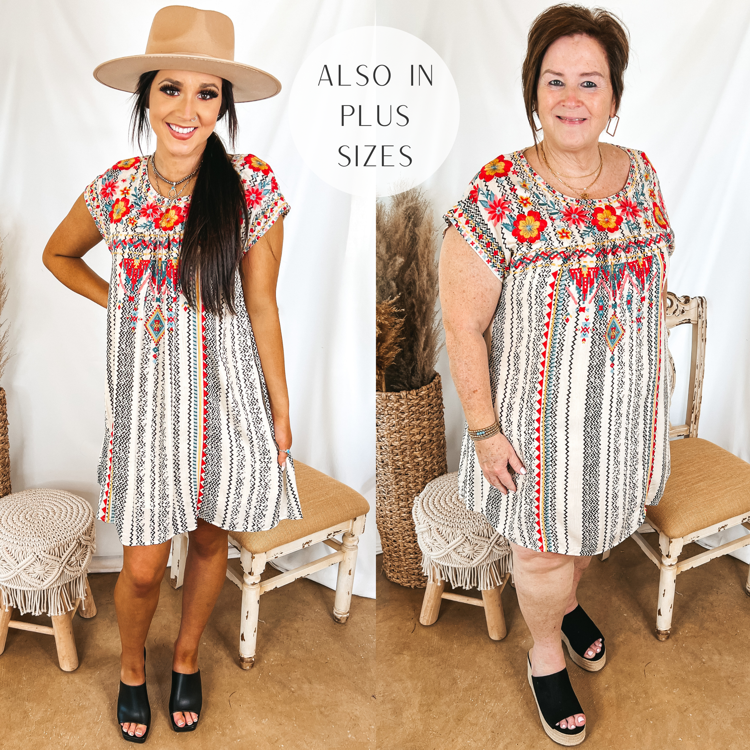 Models are wearing a black and white stripe dress with floral embroidery on the front. Size small model has it paired with black heels and a tan hat. Size large model has it paired with black wedges and gold jewelry.