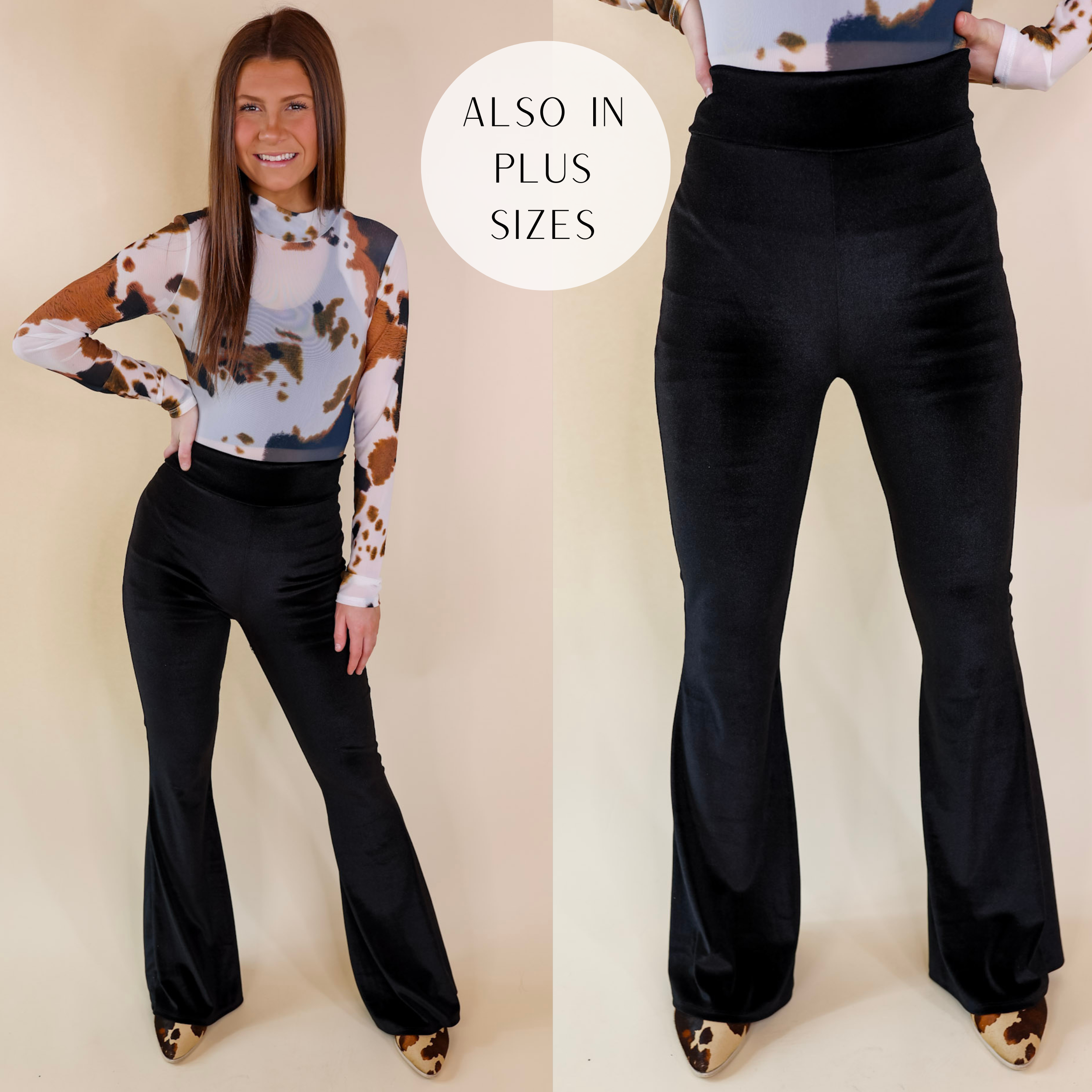 Model is wearing a pair of velvet bell bottoms with a high waist, Model has it paired with a cow print bodysuit, cow print mules, and silver jewelry.