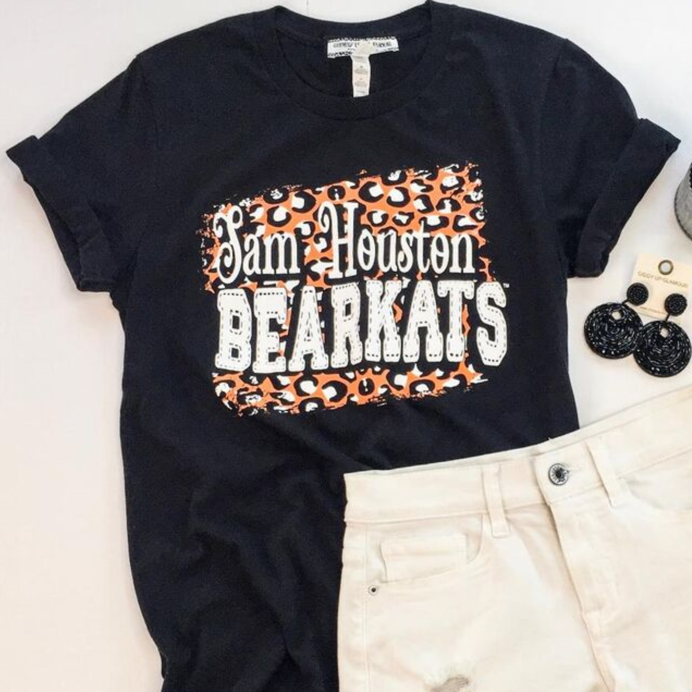 Bearkat Game Day | Sam Houston Bearkats on Leopard Print Background Logo Short Sleeve Tee Shirt in Black - Giddy Up Glamour Boutique