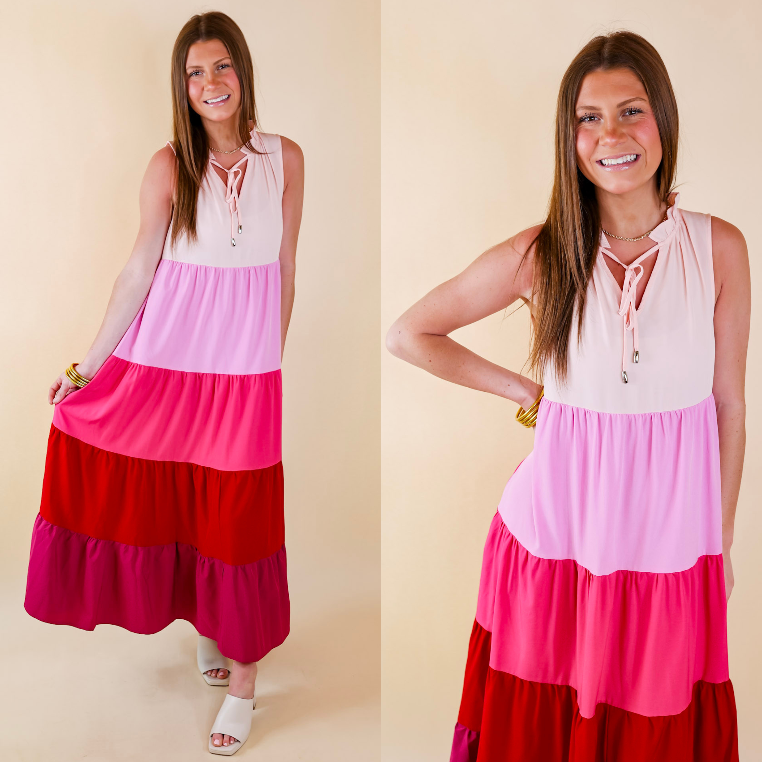 Model is wearing a tank top maxi dress that is tiered in light pink, medium pink, hot pink, and red. Model has it paired with ivory heels and gold jewelry.