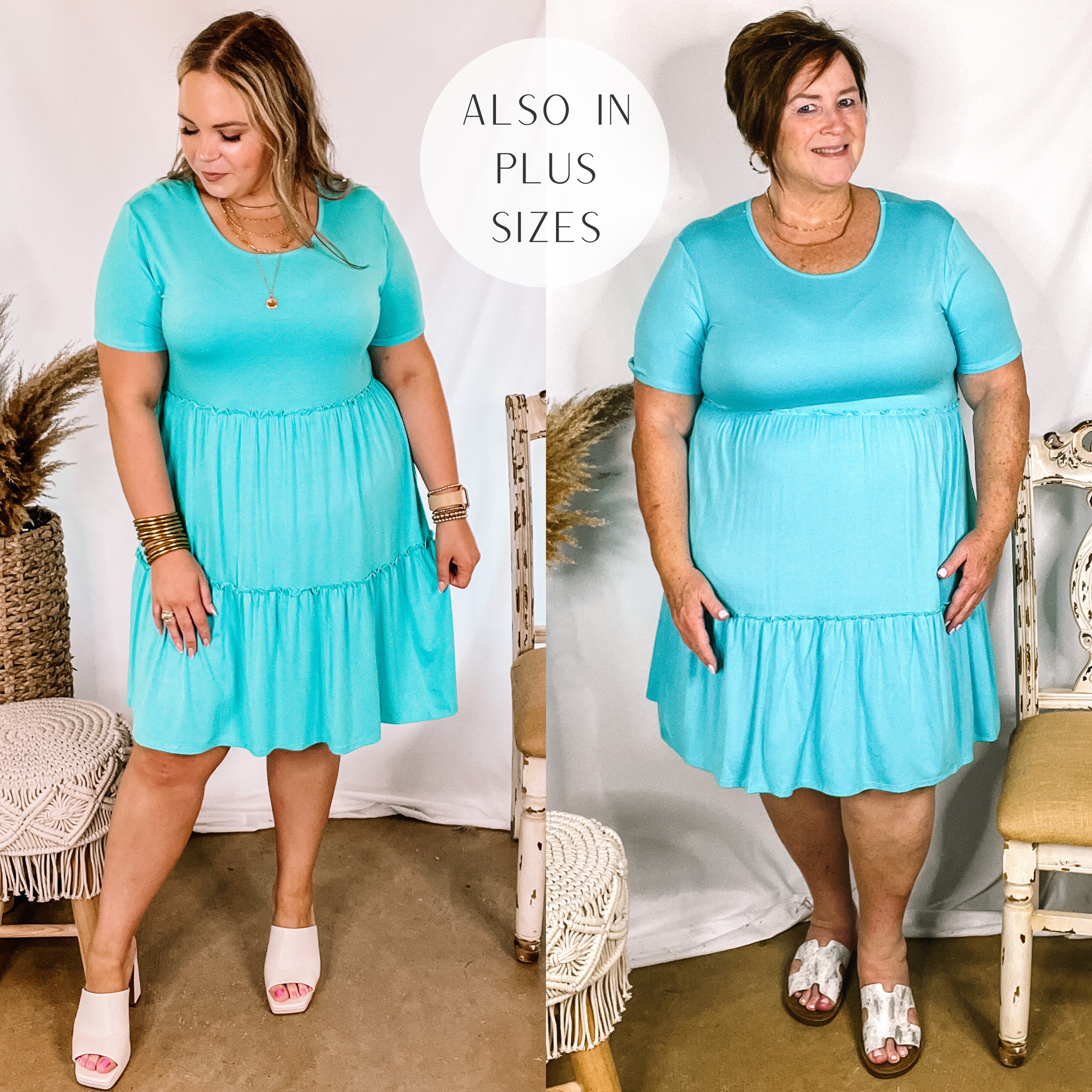 Models are wearing a blue tiered dress with short sleeves. Size large model has it paired with white heels and gold jewelry. Plus size model has it paired with white sandals and gold jewelry.
