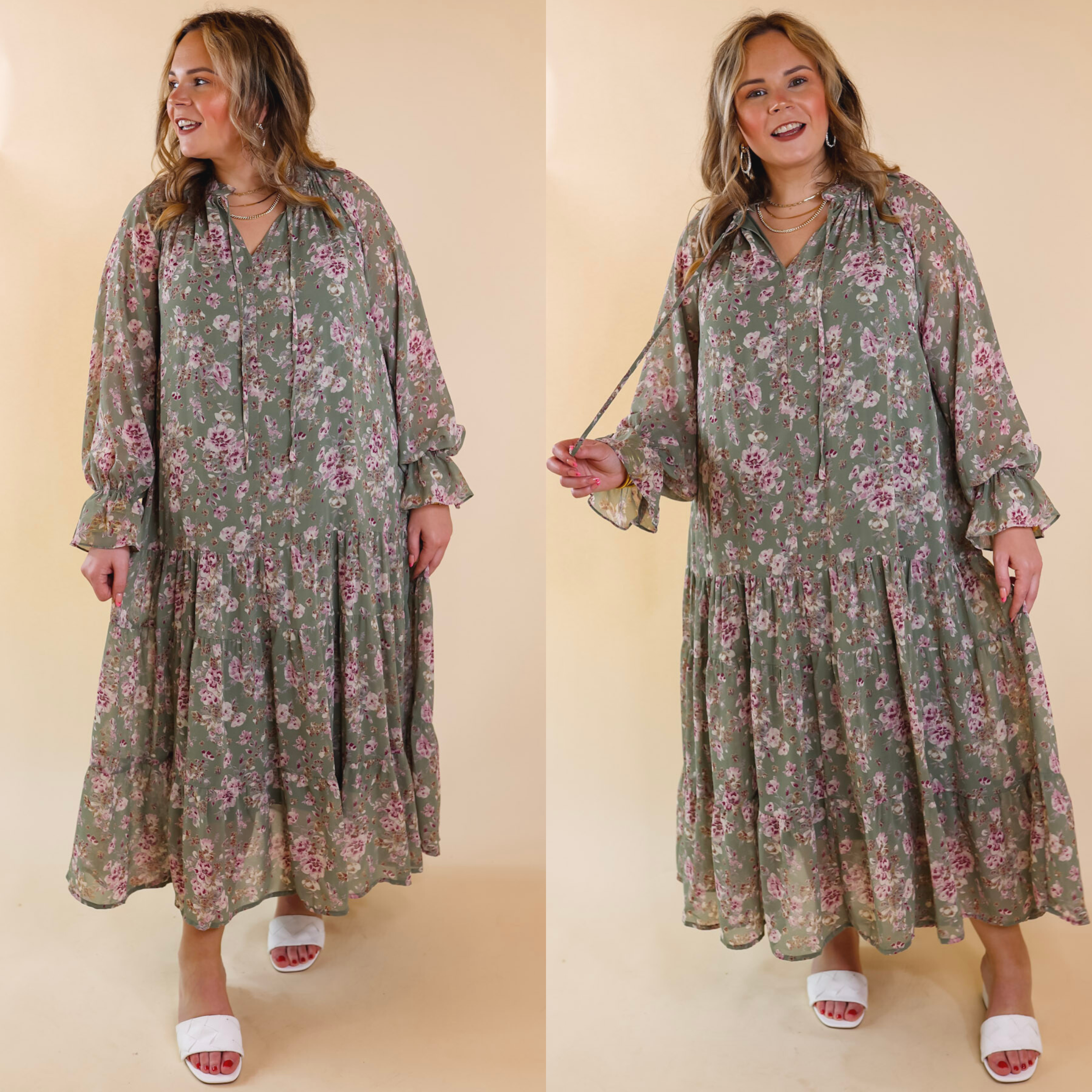 Tuscan Nights Long Sleeve High Neck Floral Midi Dress in Sage - Giddy Up Glamour Boutique