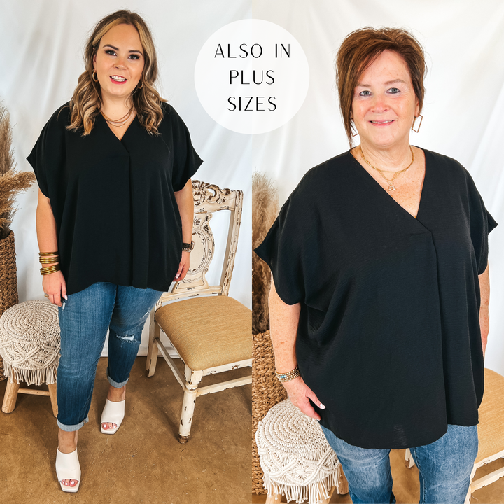 Weekend Out V Neck Placket Short Sleeve Top in Black - Giddy Up Glamour Boutique