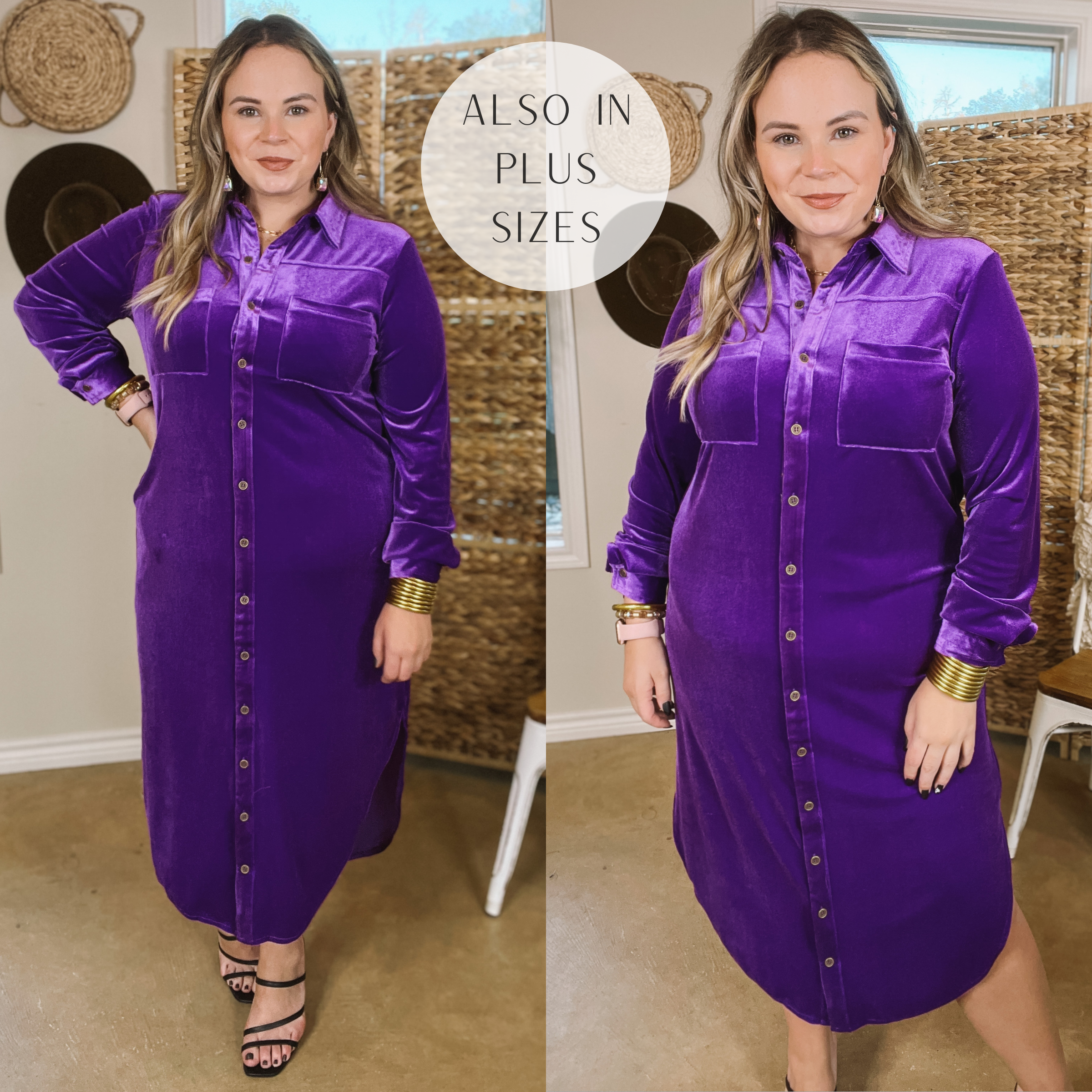Model is wearing a button up long sleeve midi dress that is velvet. Model has this purple dress paired with black strappy heels and gold jewelry.