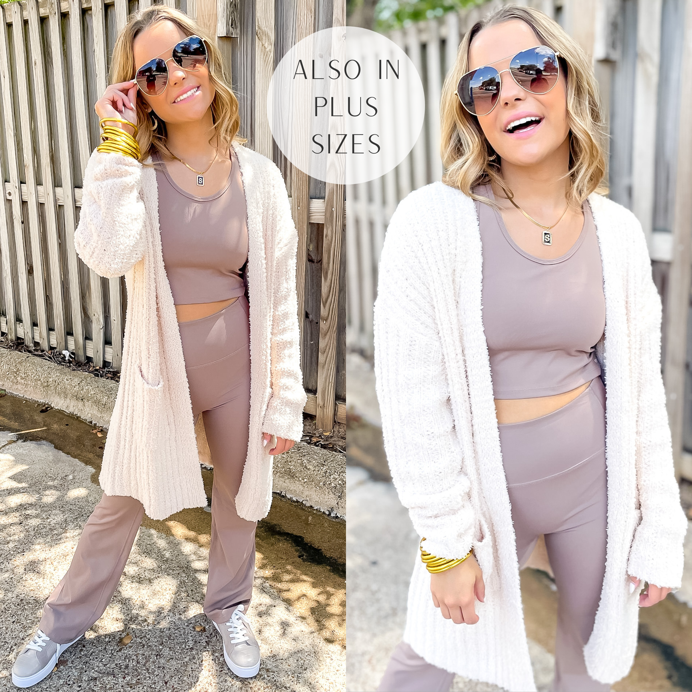 Model is wearing an ivory long sleeve cardigan over a taupe sports bra and taupe yoga pants. Model has it paired with grey sneakers, gold jewelry, and sunglasses.